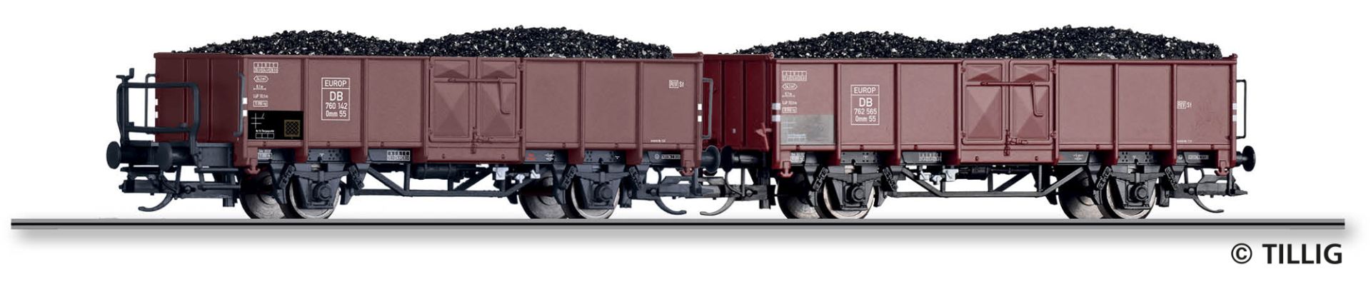 Tillig 01106 - 2er Set offenen Güterwagen Omm 55 mit Steinkohle-Ladung, DB, Ep.III