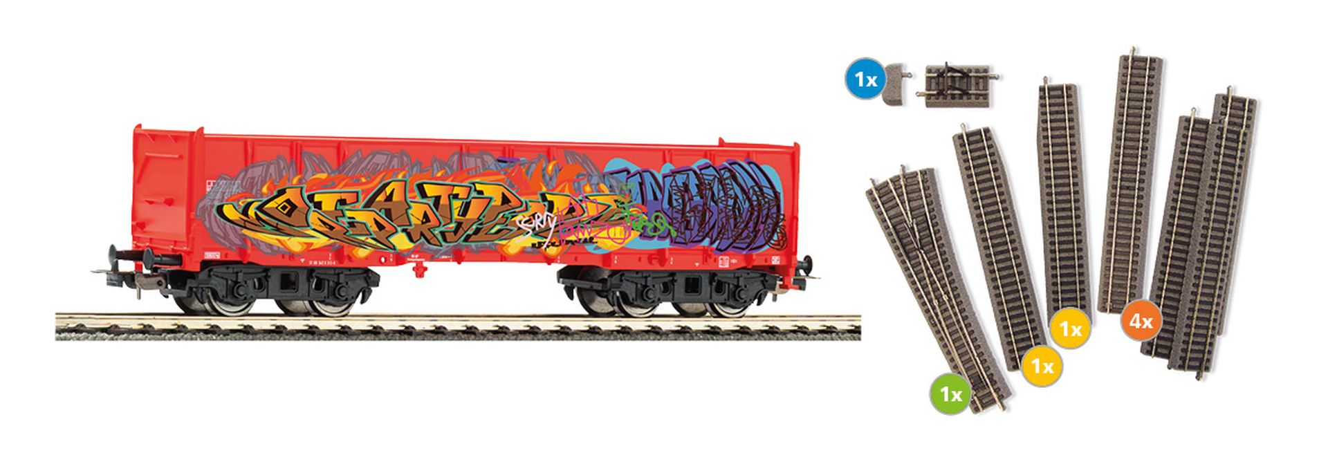 Piko 55380 - Gleisergänzungsset und Güterwagen Graffiti für Startsets 57032 und 57033