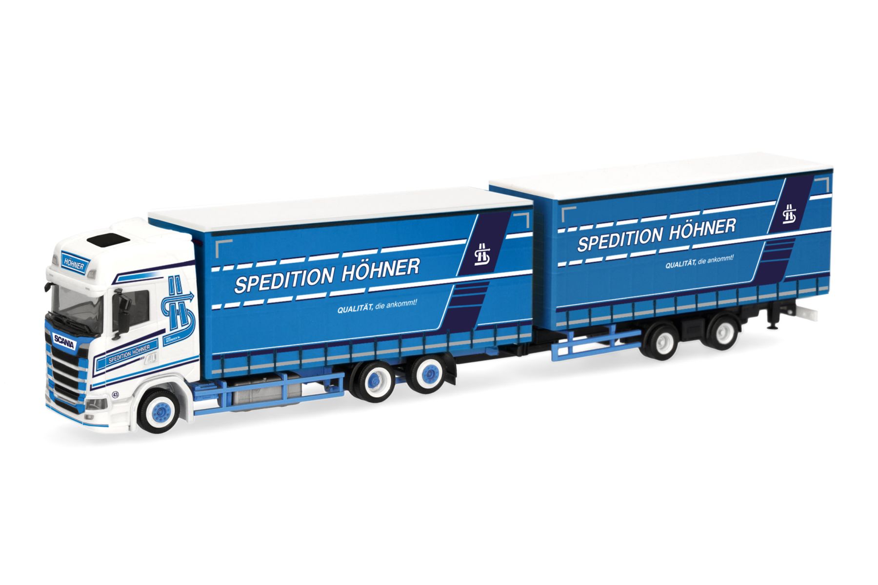 Herpa 322034 - Scania CS 20 Hochdach Volumengardinenplanen-Hängerzug "Spedition Höhner"