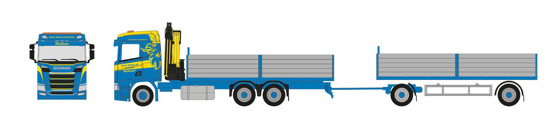 Herpa 926072 - Scania CR 20 Niedrigdach Pritschen-Hängerzug mit Ladekran "Martin Wittwer" (CH)"