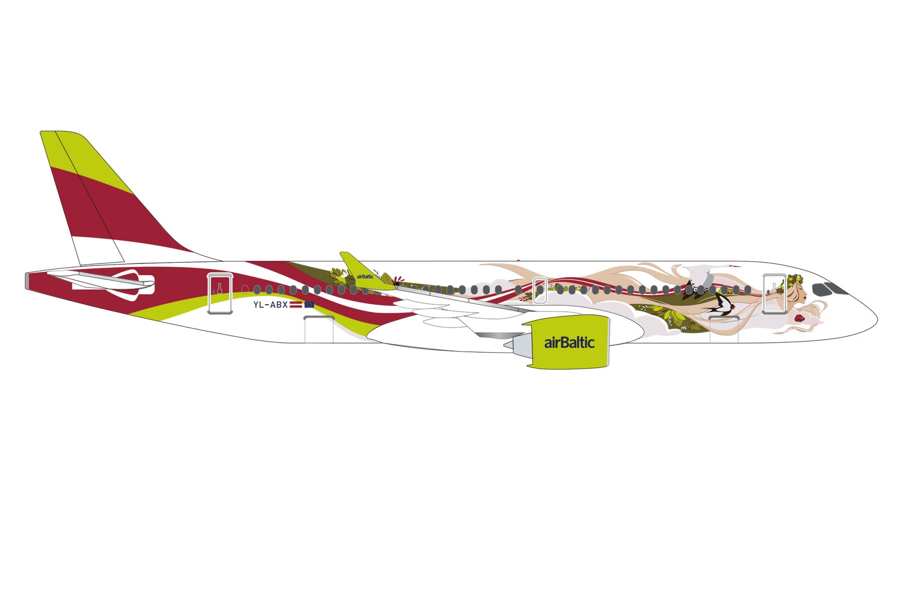 Herpa 573535 - airBaltic Airbus A220-300 “50th A220” – YL-ABX