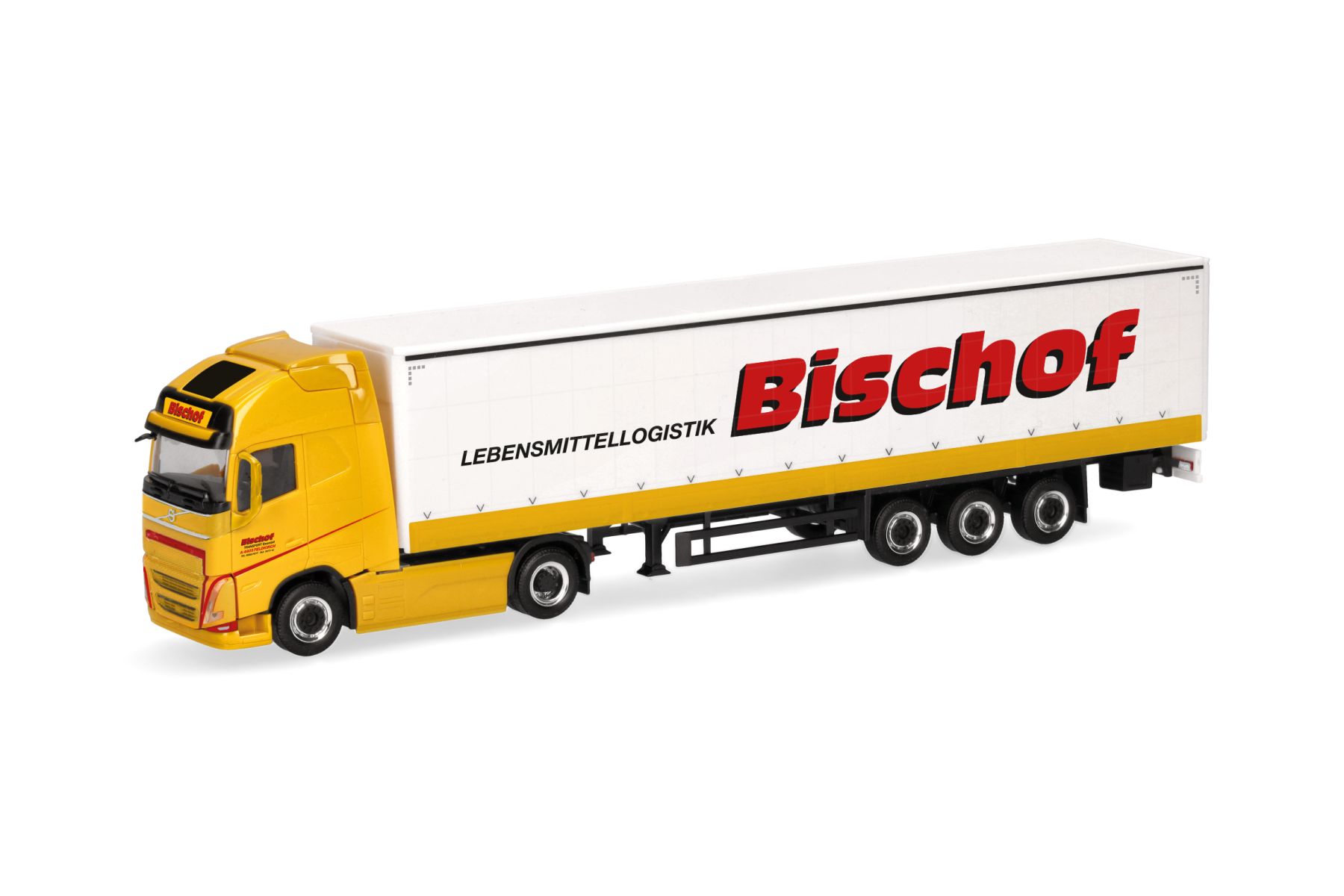 Herpa 319348 - Volvo FH GL XL electric Gardinenplanen-Sattelzug mit Bordwänden "Bischof"