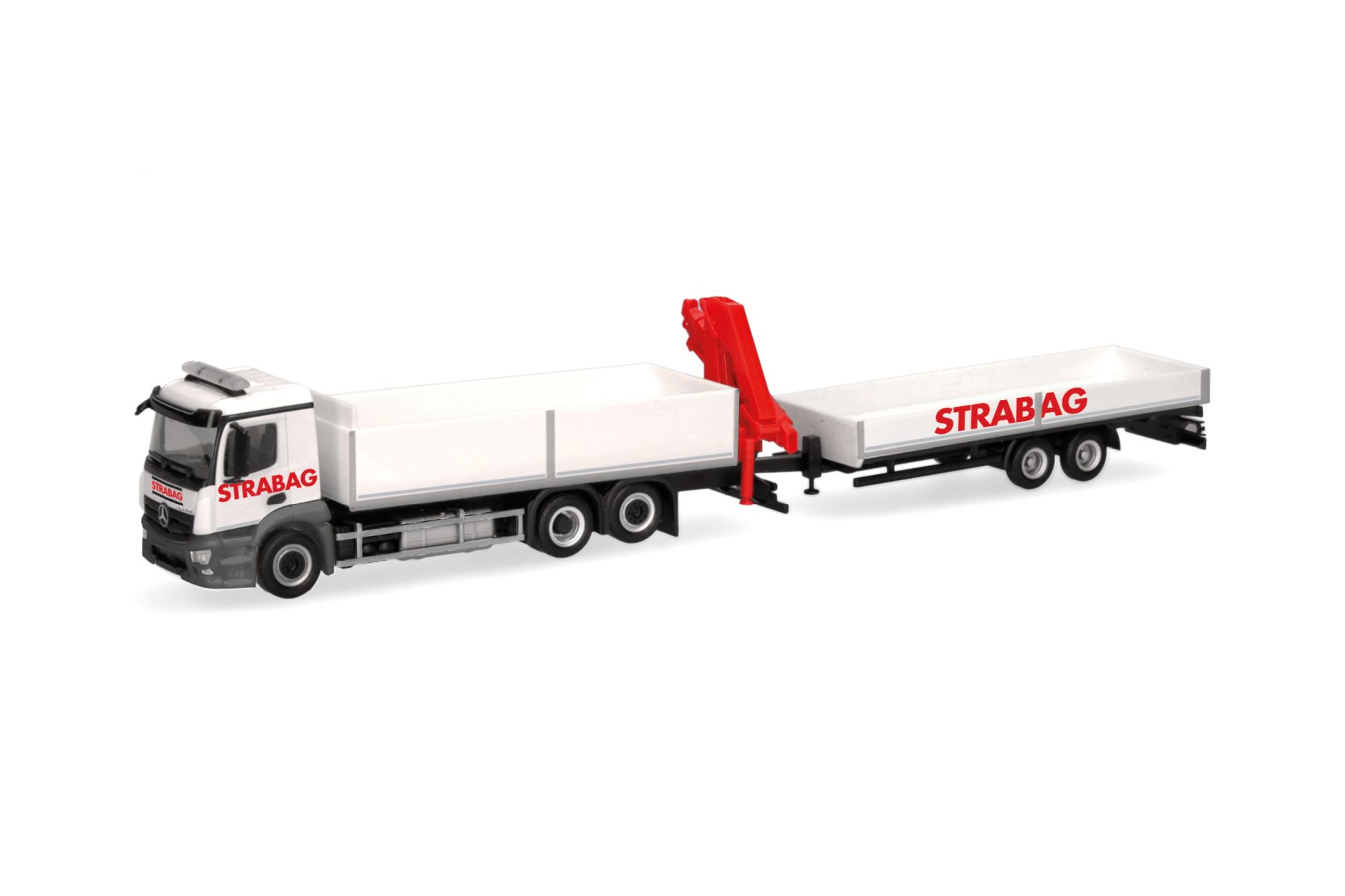 Herpa 320665 - MB Actros M Baustoff-LKW mit Kran und Tieflade-Anhänger "STRABAG"