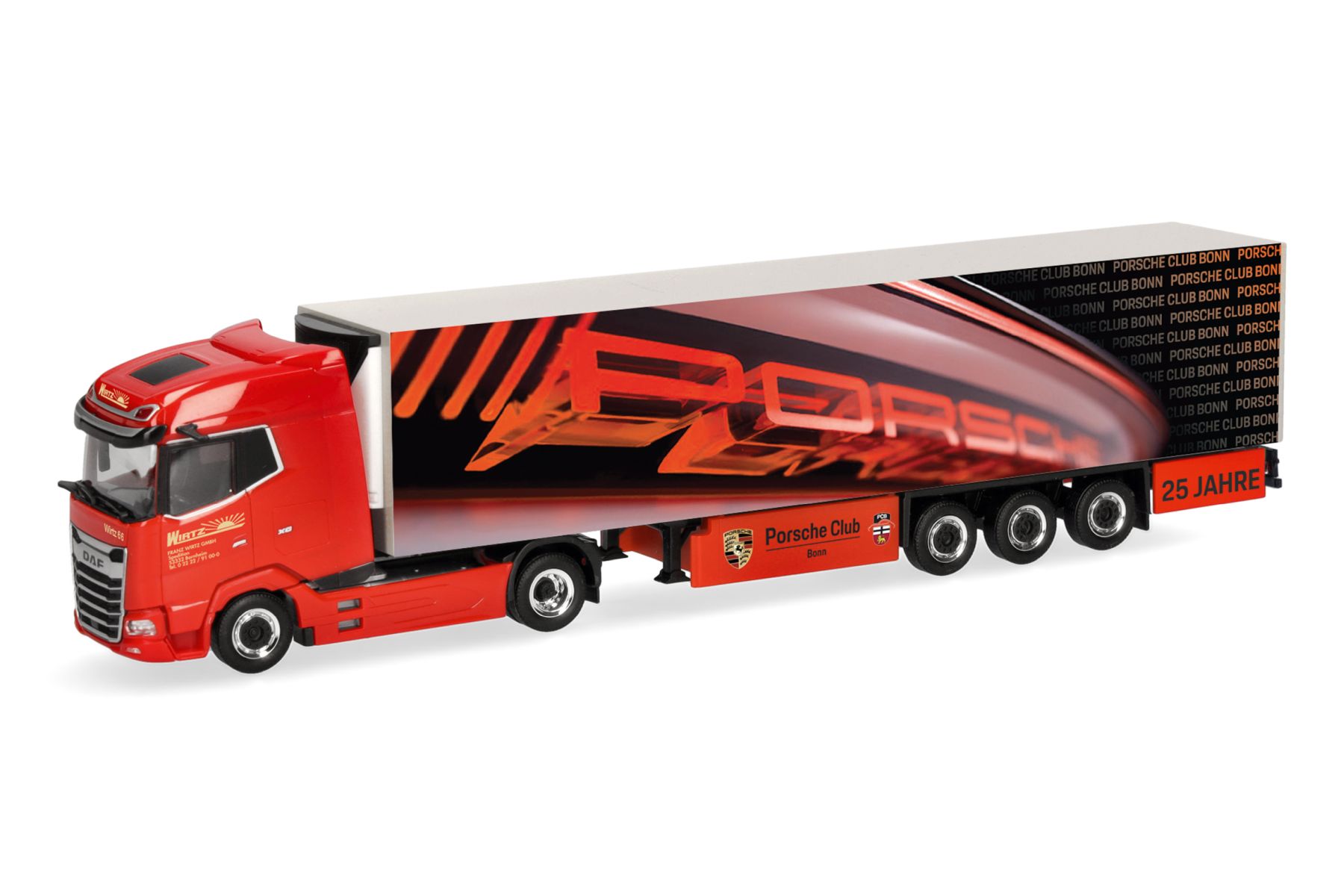 Herpa 321907 - DAF XG Kühlkoffer-Sattelzug "Spedition Wirtz/25 Jahre Porsche Club Bonn"