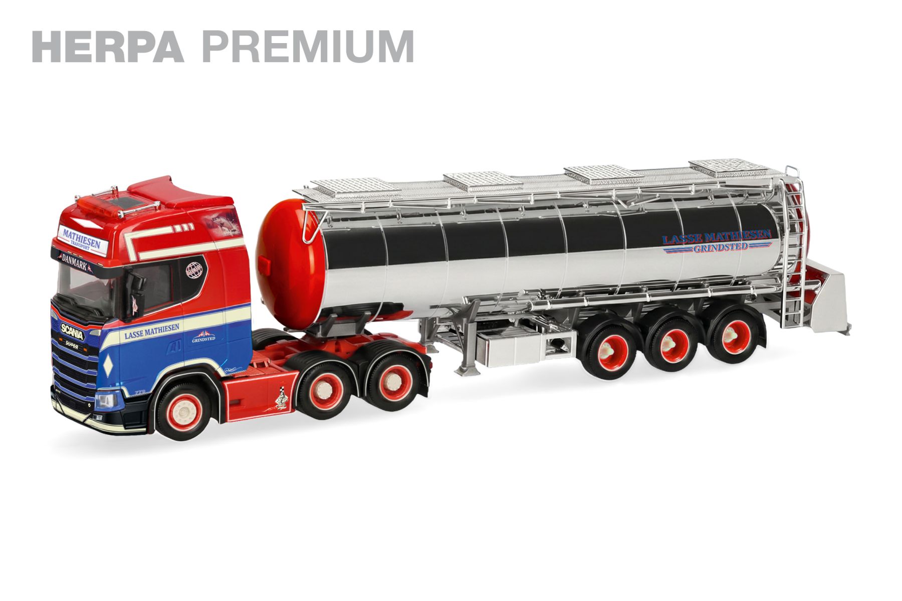 Herpa 963206 - Herpa Premium: Scania CS 20 Hochdach Chromtank-Sattelzug "Mathiesen", Dänemark