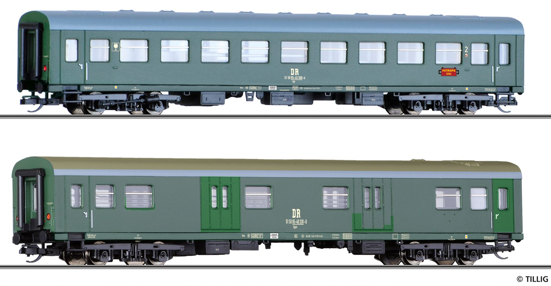 Tillig 502361 - 2er Set Modernisierungswagen mit Buffetabteil und Packwagen, DR, Ep.IV, Set 2 Tillig 502361 - 2er Set Modernisierungswagen mit Buffetabteil und Packwagen, DR, Ep.IV, Set 2