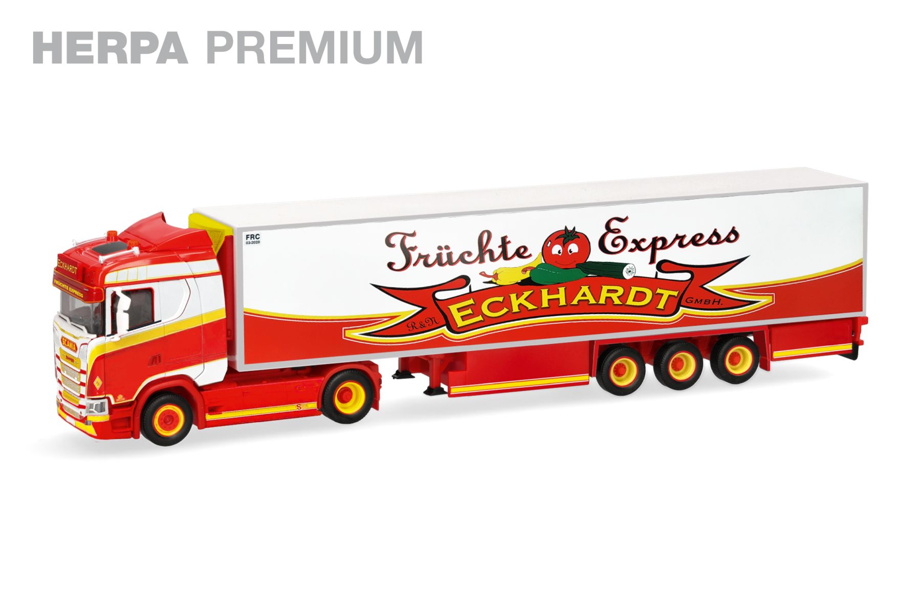 Herpa 962865 - Premium: Scania CS 20 Niedrigdach Kühlkoffer-Sattelzug "Früchte Eckhardt", Österreich