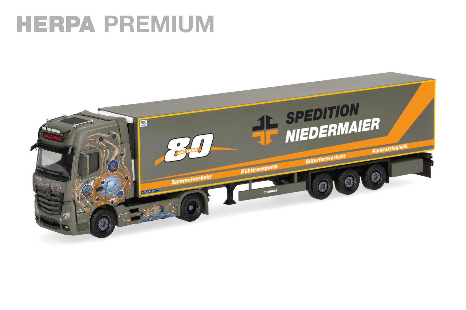 Herpa 952040 - Herpa Premium: MB Actros 18 L Gigaspace Kühlkoffer-Sattelzug "Niedermaier 80 Jahre"