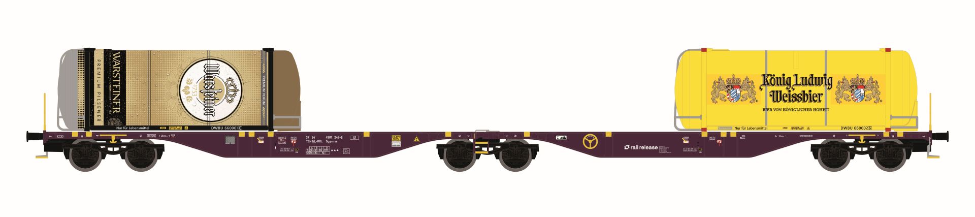 Mehano 30044 - Containerwagen Sggmrss '90, RailRelease, Ep.VI 'Warsteiner, König Ludwig Weissbier'