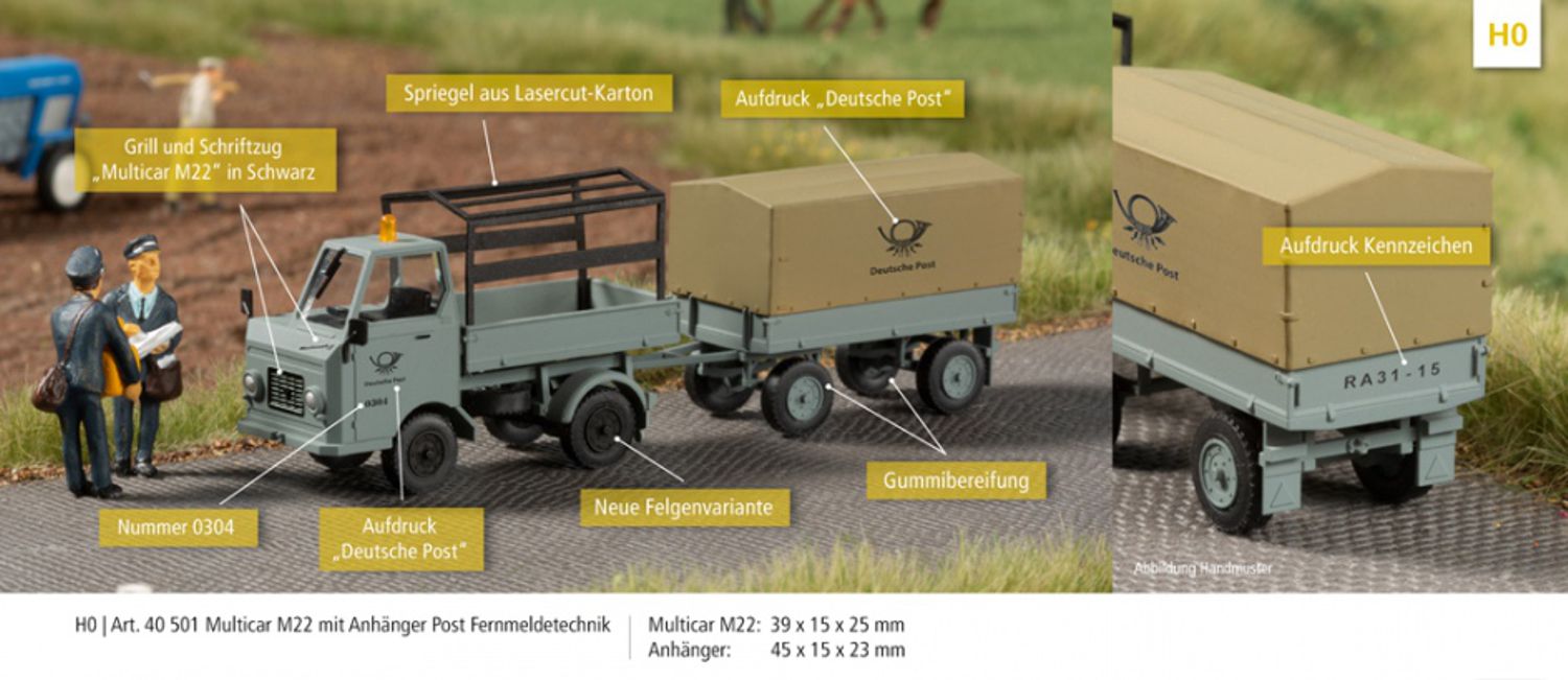 Auhagen 40501 - Multicar M22 mit Anhänger Post Fernmeldetechnik, Bausatz