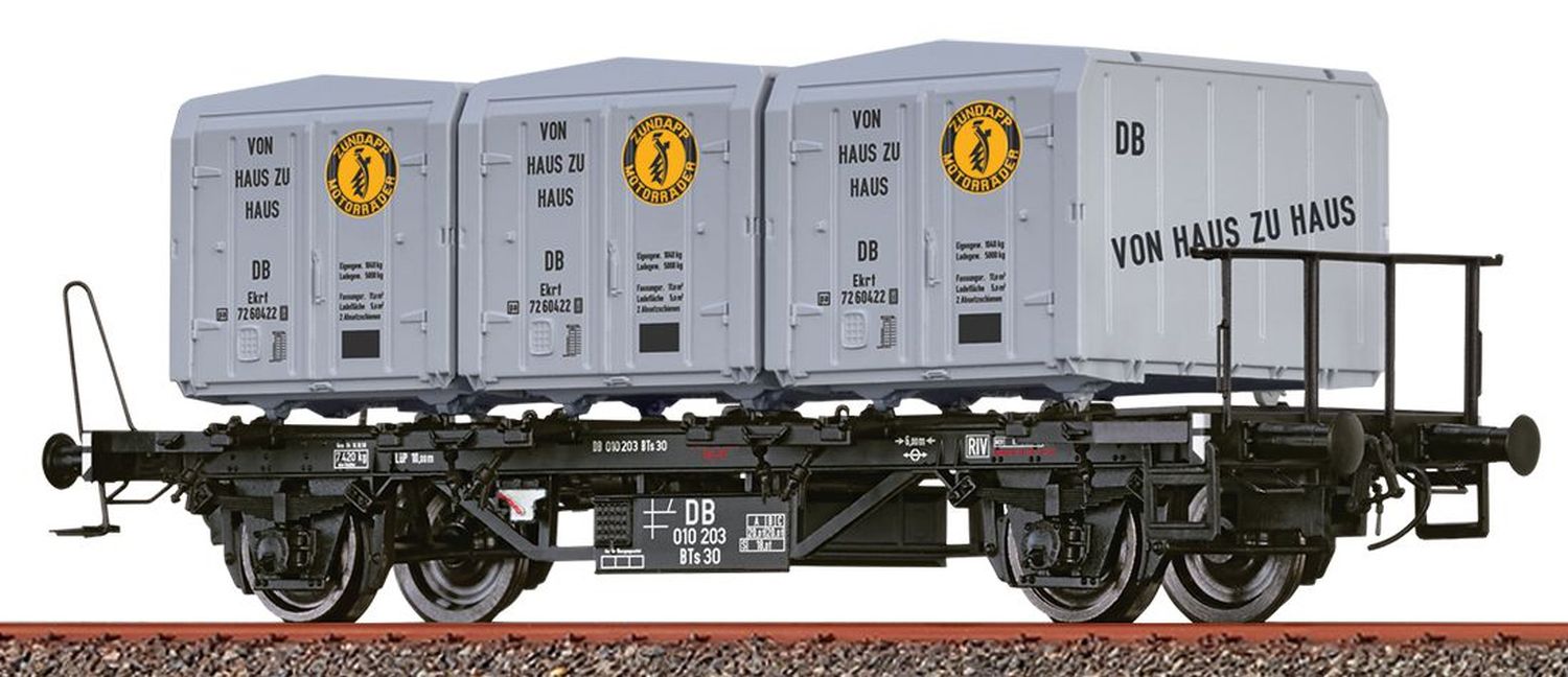 Brawa 50596 - Behältertragwagen BTs 30 mit Ekrt 212, DB, Ep.III 'Von Haus zu Haus Zündapp'