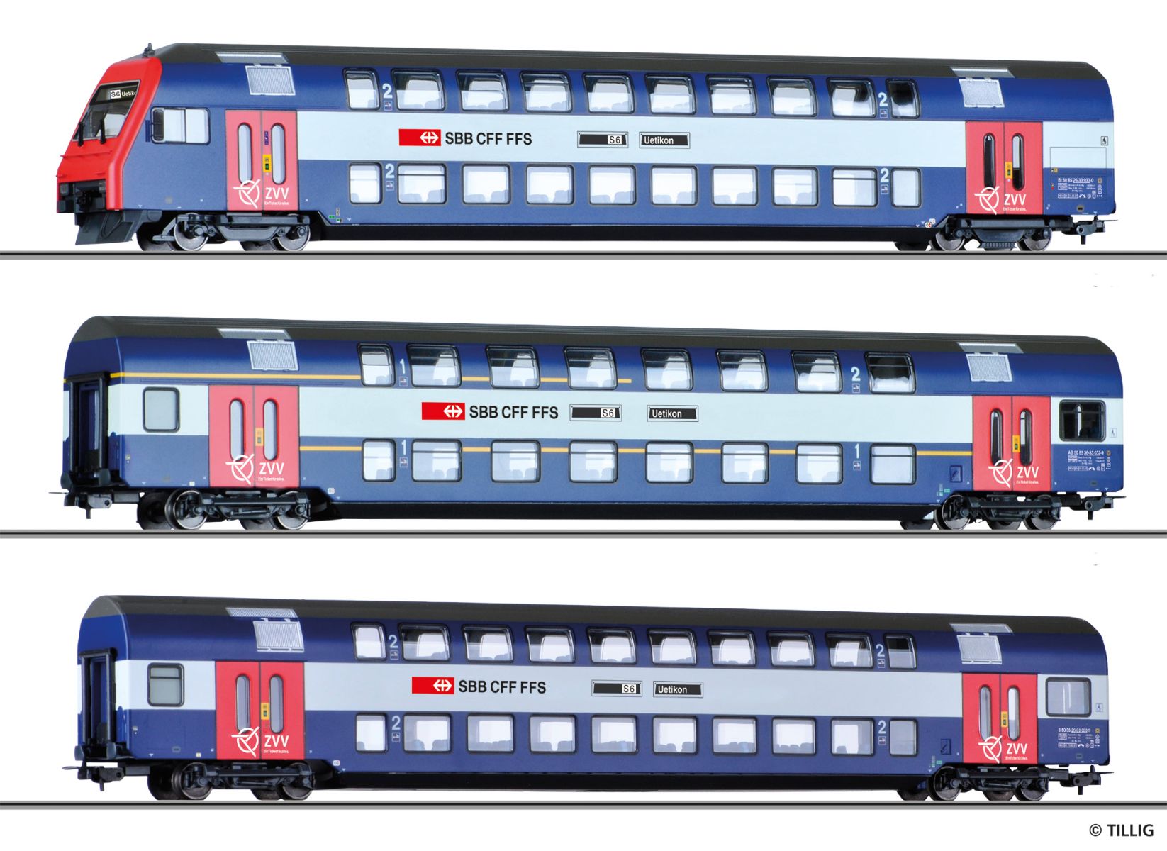 Tillig 70083 - 3er Set Doppelstockwagen mit Steuerwagen, SBB, Ep.V-VI