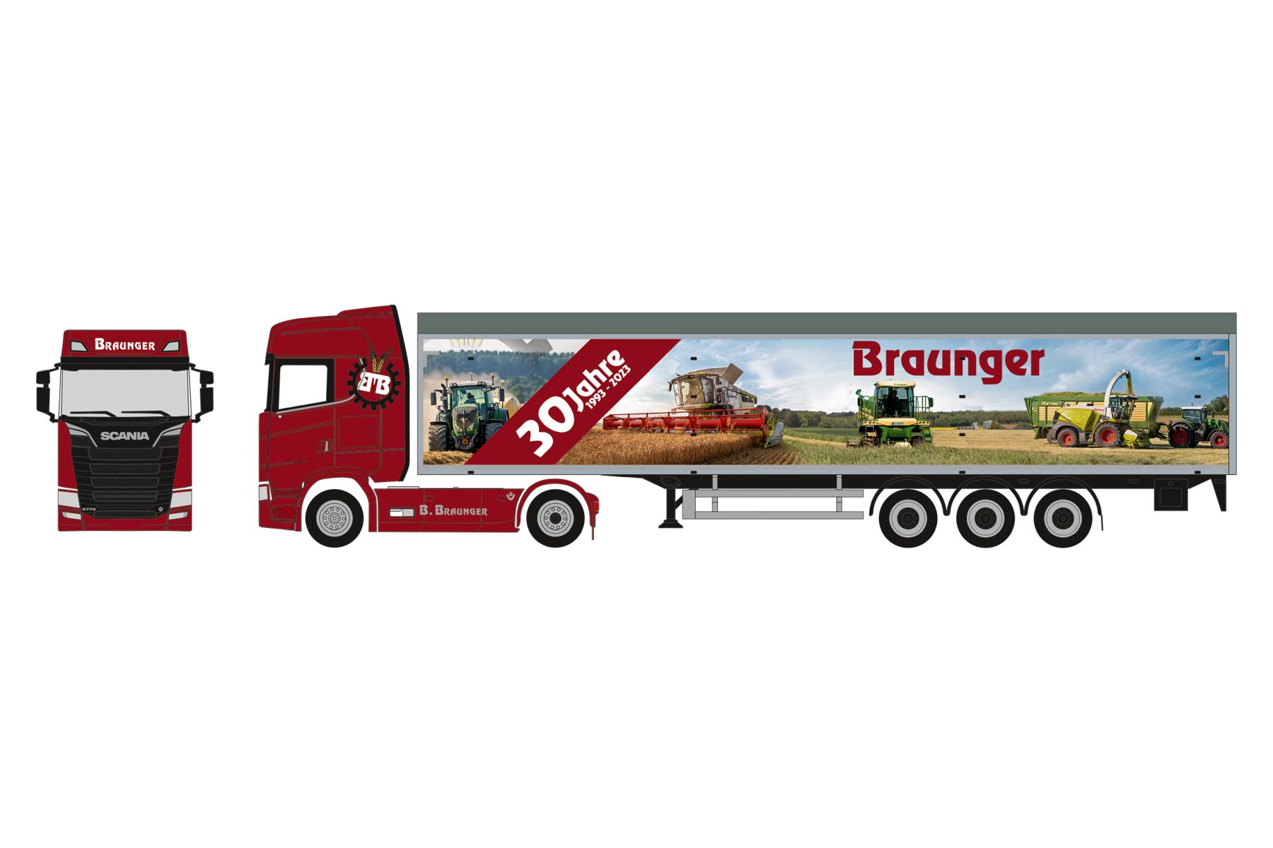 Herpa 927093 - Scania CS 20 Hochdach Schubboden-Sattelzug "30 Jahre Braunger"