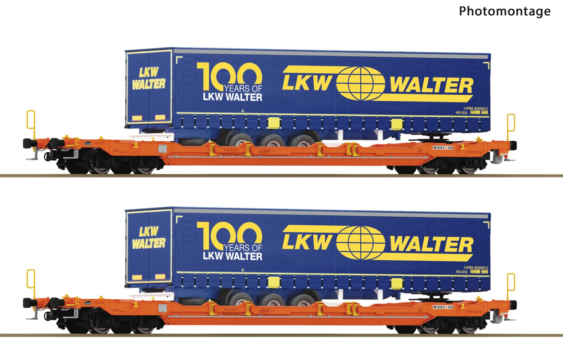 Roco 6600064 - 2er Set Taschenwagen T5 mit Aufliegern 'LKW Walter', Wascosa, Ep.VI