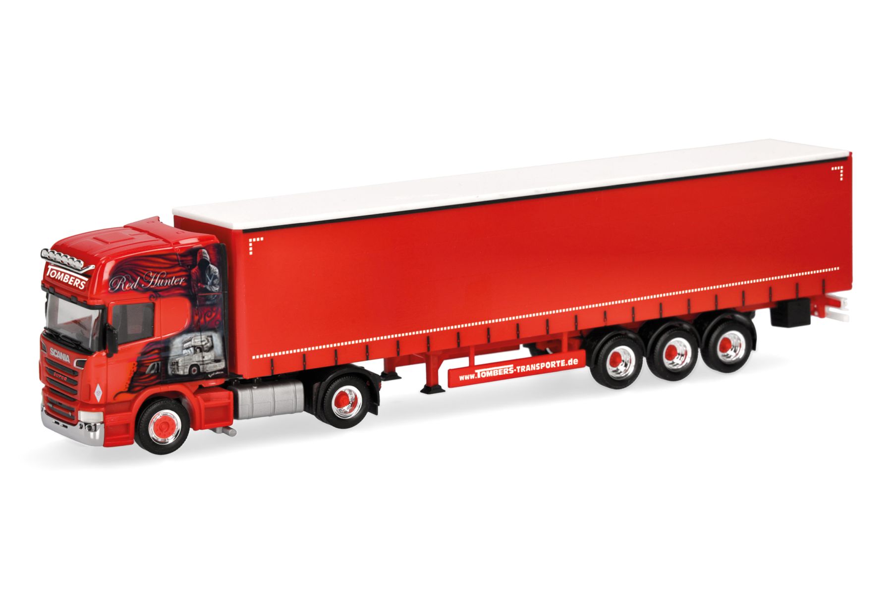 Herpa 321662 - Scania R 09 Topline Gardinenplanen-Sattelzug "Ralf Tombers Transporte/Red Hunter"