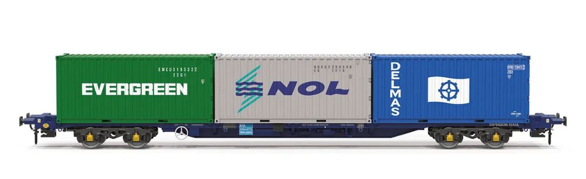 Hornby TT6032 - Containertragwagen mit drei 20' Containern, Touax KFA, Ep.VI Hornby TT6032 - Containertragwagen mit drei 20' Containern, Touax KFA, Ep.VI