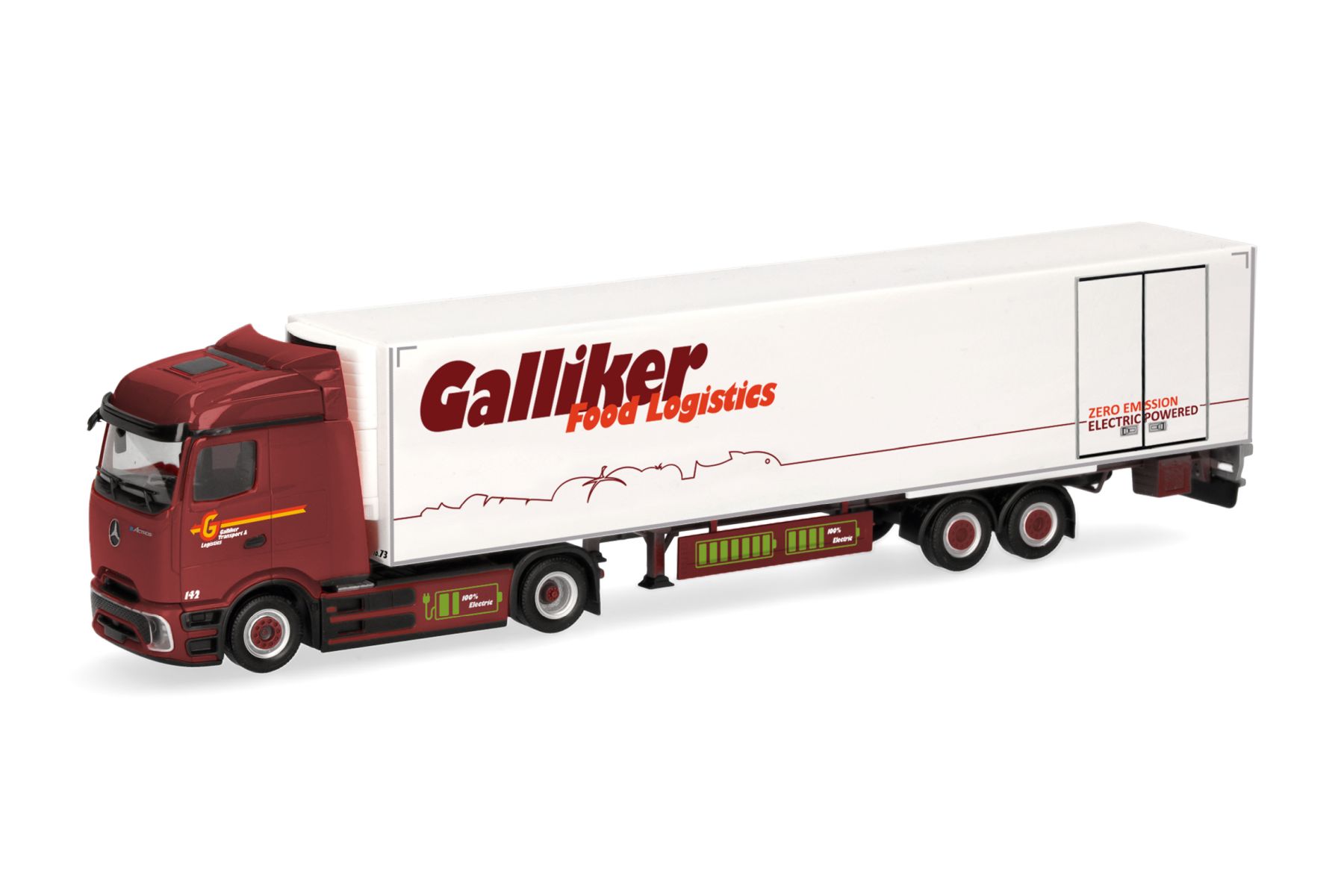 Herpa 321952 - Mercedes-Benz eActros 600 Bigspace Kühlkoffer-Sattelzug "Galliker", Schweiz