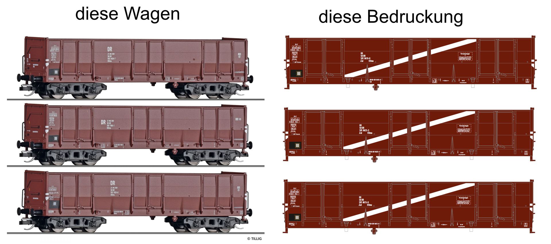 Tillig 502542 - 3er Set offene Güterwagen Eal (OOmu) als Versuchswagen mit weißen Streifen, DR, Ep.IV