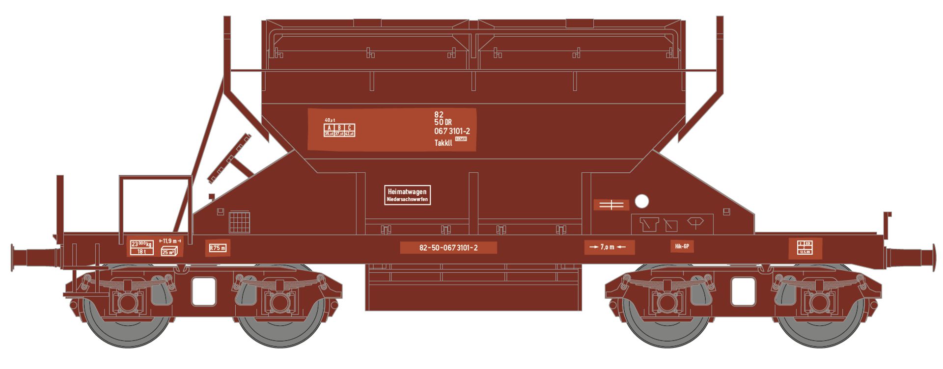 Hädl 25127-2 - Sattelboden-Selbstentladewagen Takkll, DR, Ep.IV, 3101-2, RAL 8012, Flicken Hädl 25127-2 - Sattelboden-Selbstentladewagen Takkll, DR, Ep.IV, 3101-2, RAL 8012, Flicken