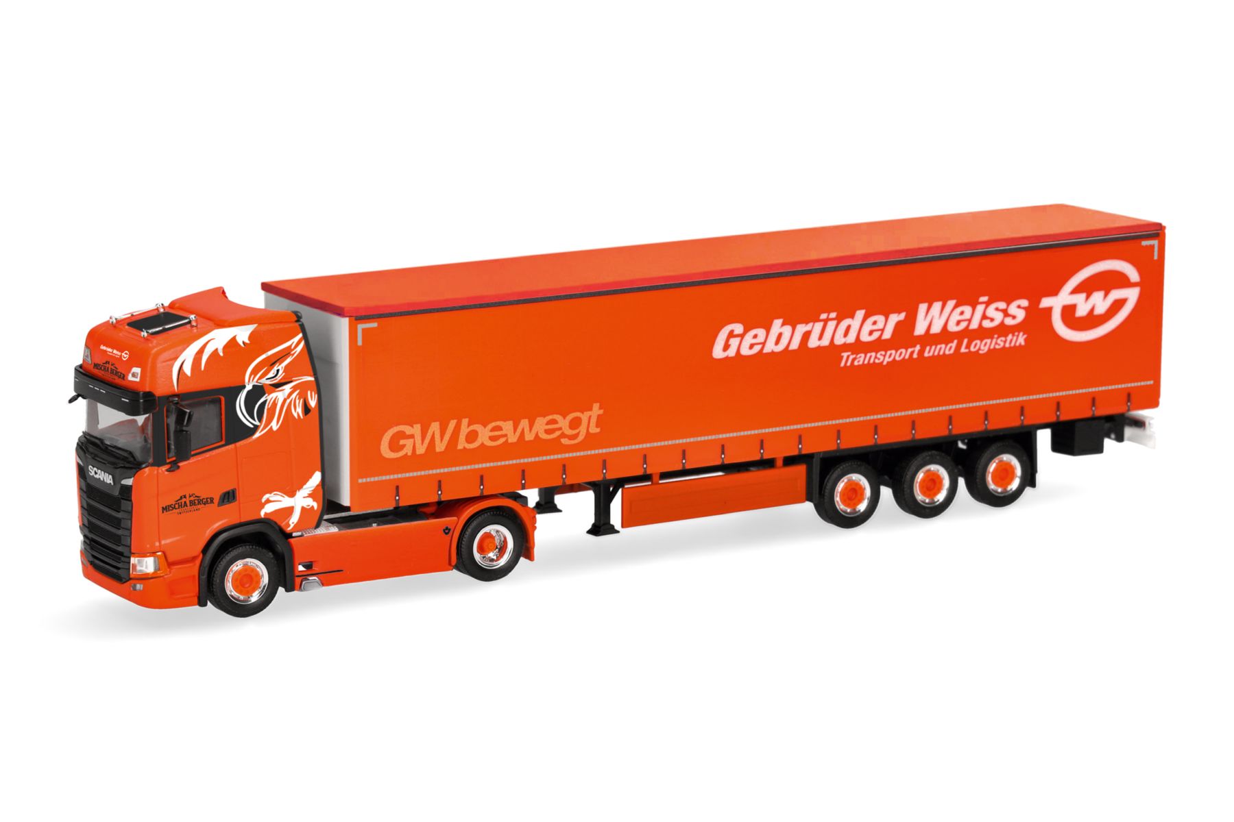 Herpa 320771 - Scania CS 20 Hochdach Gardinenplanen-Sattelzug "Mischa Berger Transporte/Gebrüder Weiss"