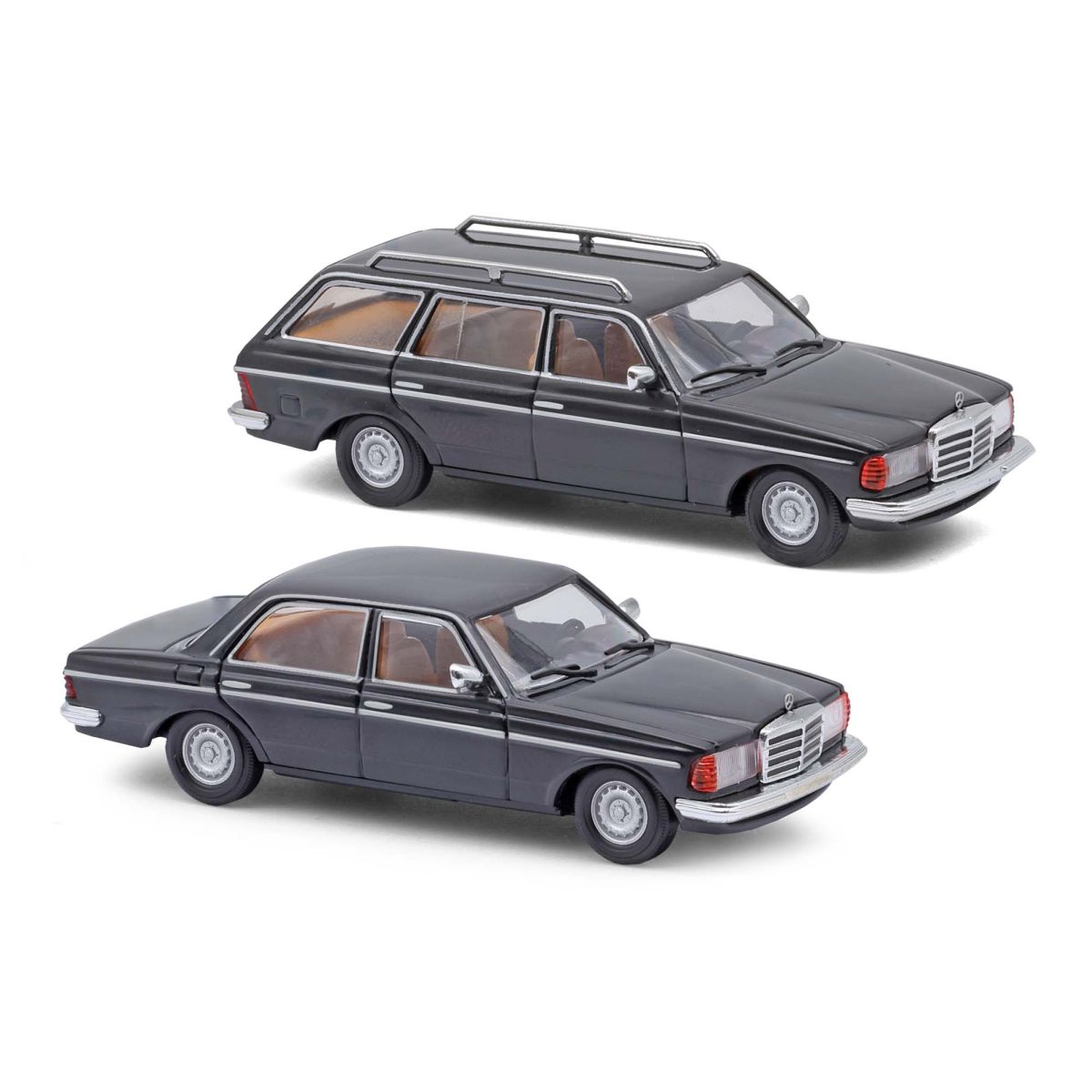 Busch 46986 - 2er Set Mercedes-Benz W123 Limousine und T-Modell schwarz, mit Eckscheinwerfer und Barockfelge, Bj. 1982