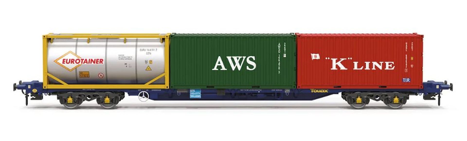 Hornby TT6030 - Containertragwagen mit drei 20' Containern, Touax KFA, Ep.VI Hornby TT6030 - Containertragwagen mit drei 20' Containern, Touax KFA, Ep.VI