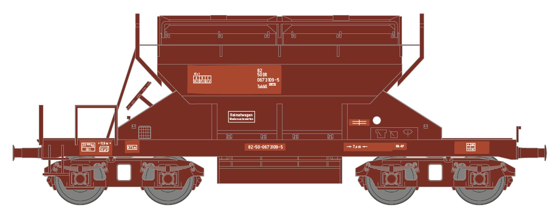 Hädl 26029-2 - Sattelboden-Selbstentladewagen Takkll, DR, Ep.IV, 3109-5, RAL 8012, Flicken