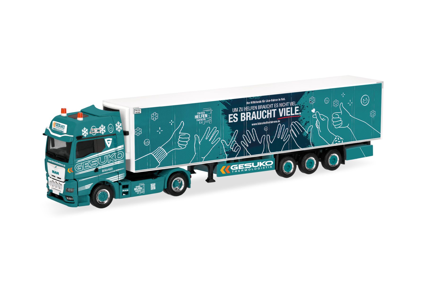 Herpa 322140 - MAN TGX GX Kühlkoffer-Sattelzug "GESUKO/Fahrer helfen Fahrern"