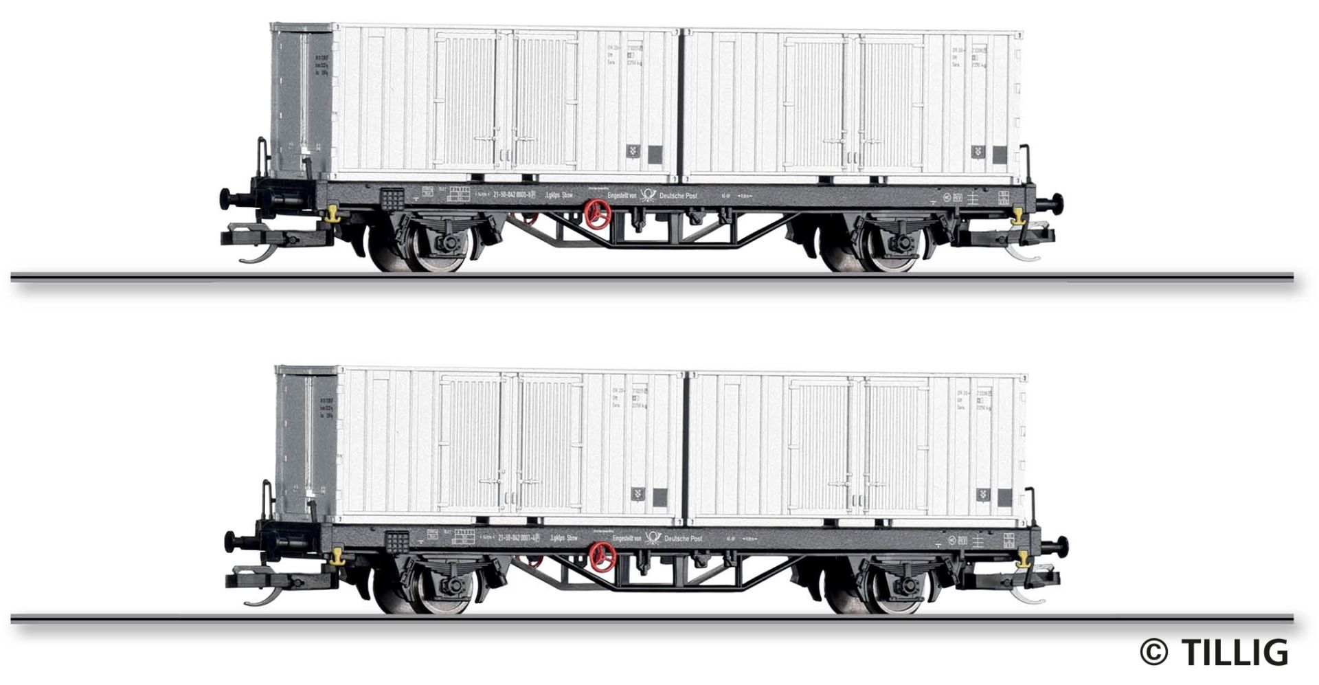 Tillig 01109 - 2er Set Containertragwagen Lgklps mit Containern, Deutsche Post, Ep.IV