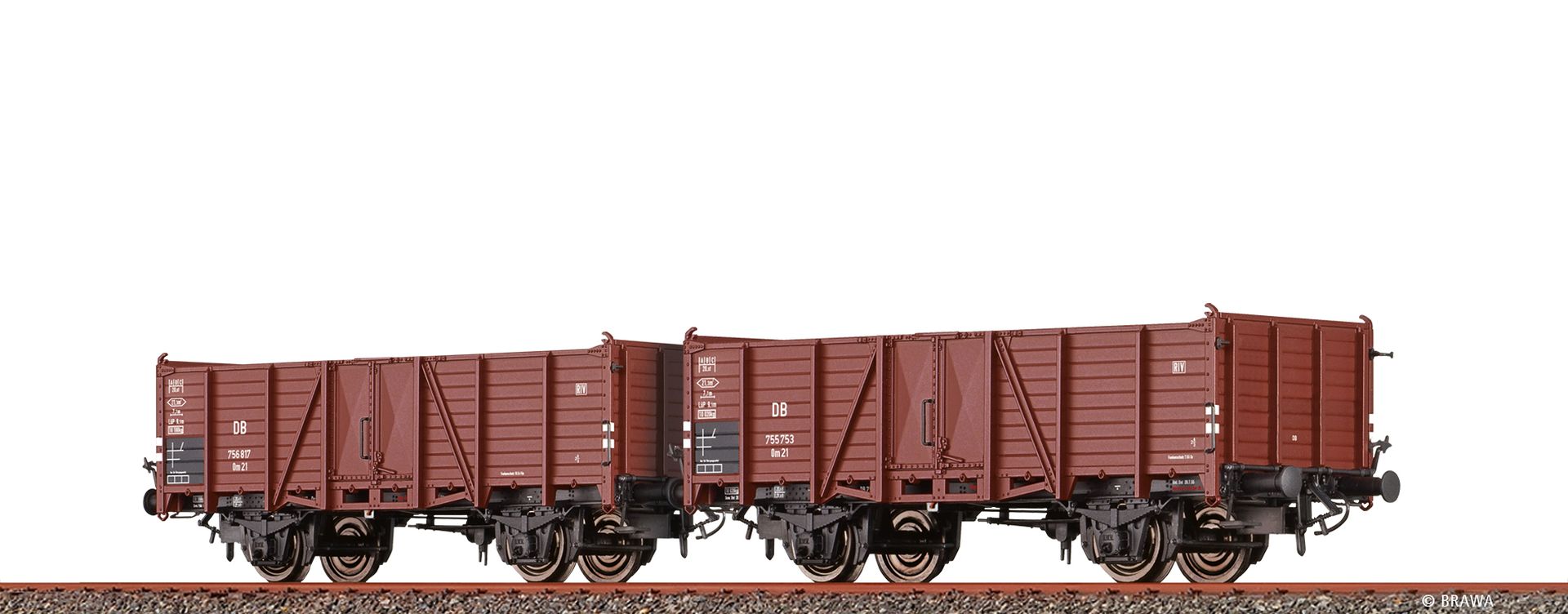 Brawa 48450 - 2er Set offene Güterwagen Om21, DB, Ep.III