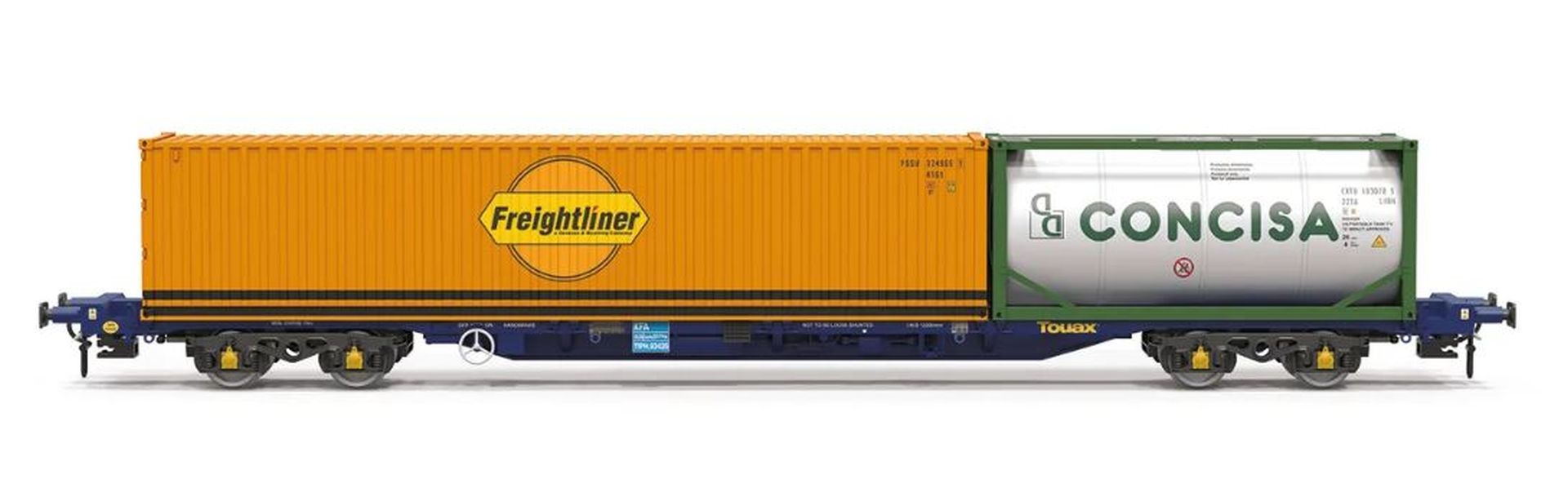 Hornby TT6031 - Containertragwagen mit 20' und 40' Container, Touax KFA, Ep.VI Hornby TT6031 - Containertragwagen mit 20' und 40' Container, Touax KFA, Ep.VI