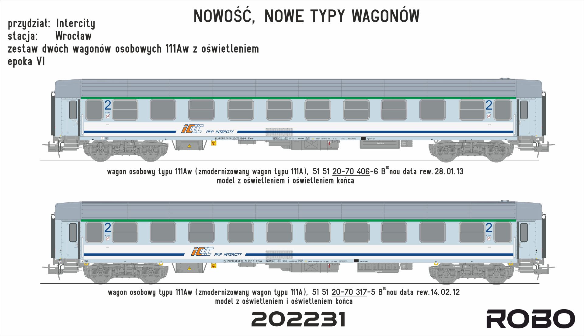 Robo 202231 - 2er Set Personenwagen Intercity, PKP, Ep.VI, mit Innenbeleuchtung
