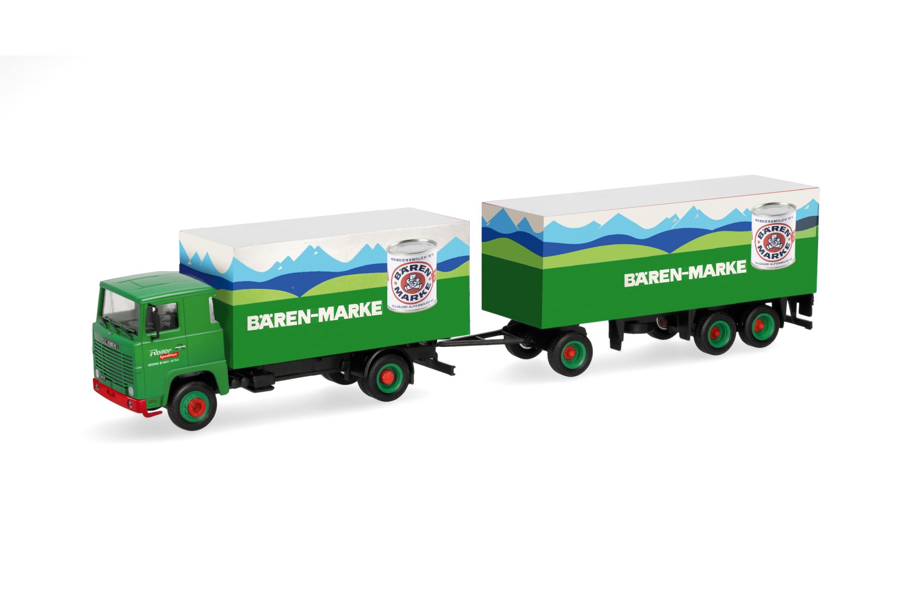 Herpa 321723 - Scania 111 Koffer-Hängerzug "Bärenmarke/Spedition Reiter"