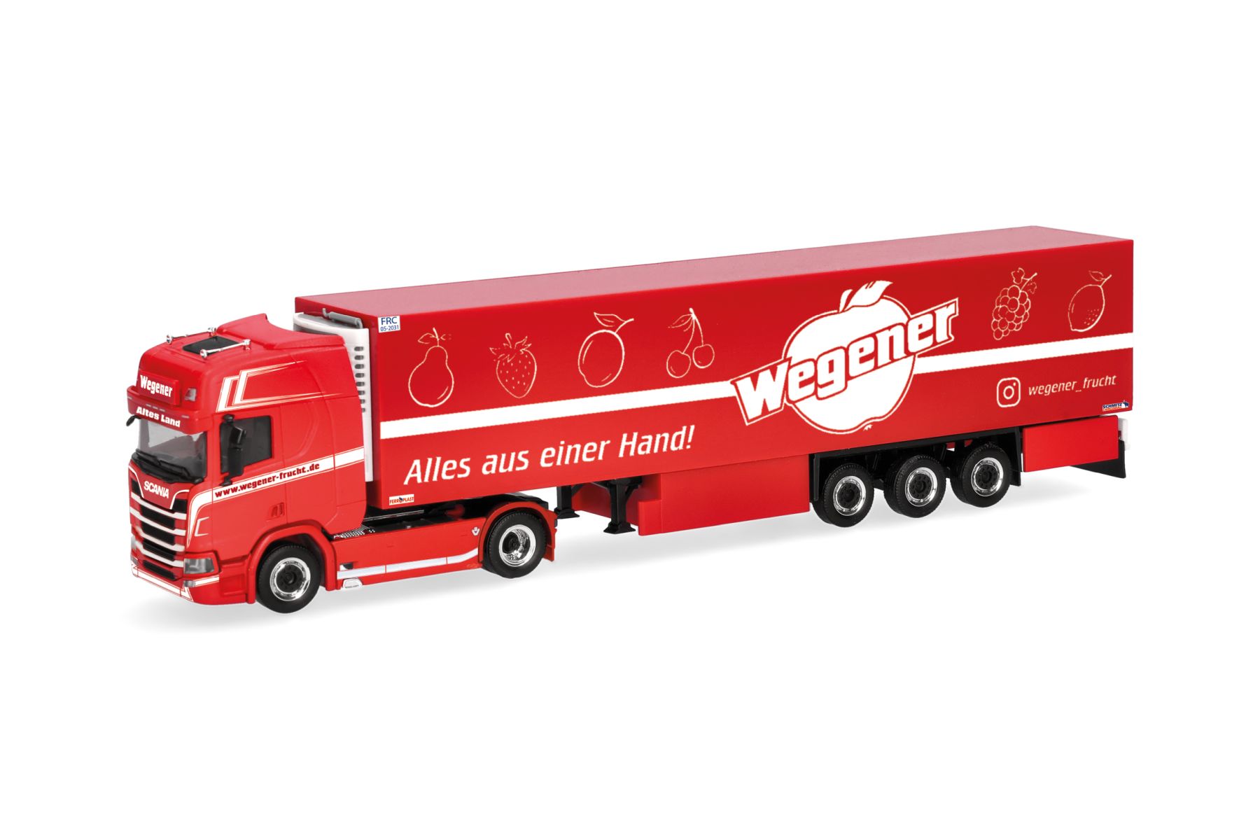 Herpa 322294 - Scania CR 20 Hochdach Kühlkoffer-Sattelzug "Wegener Frucht/Altes Land"