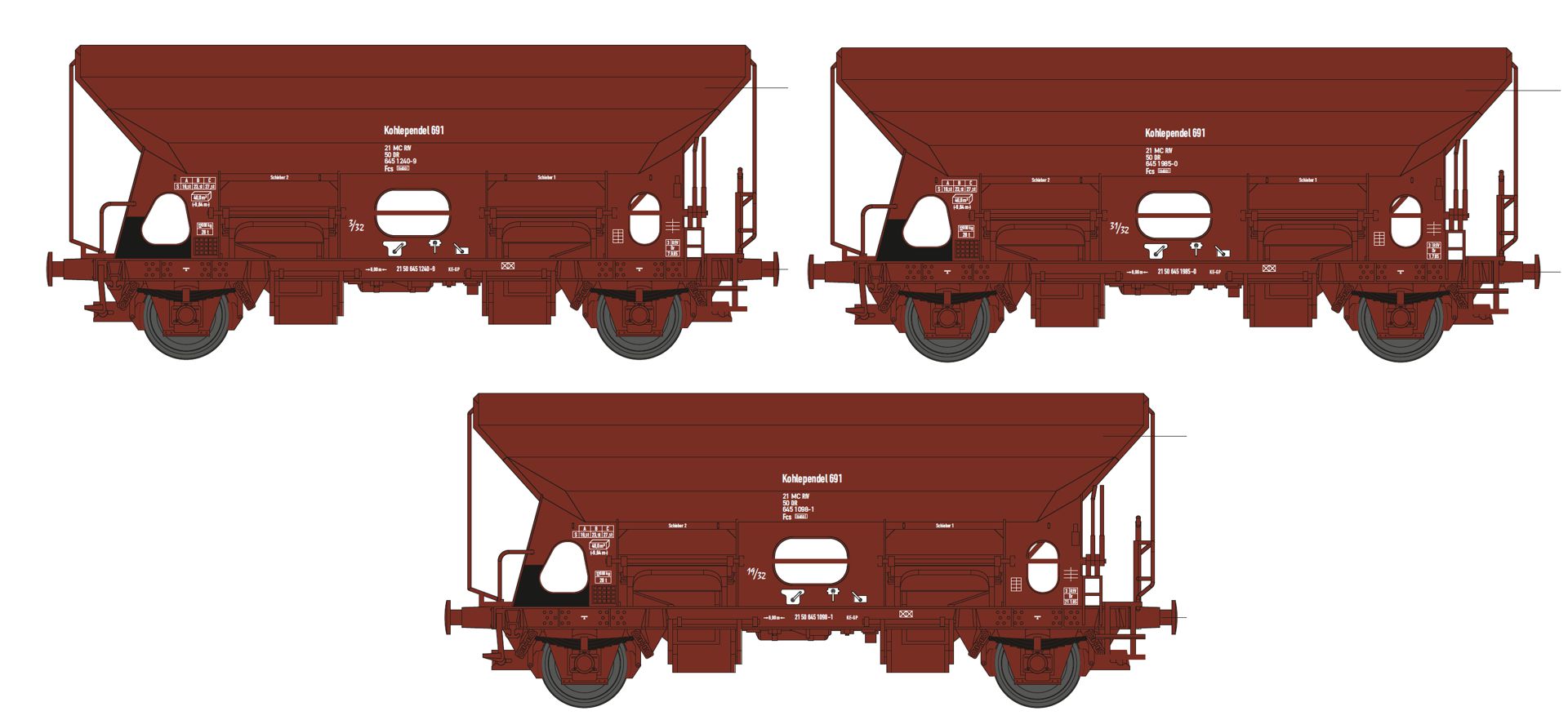 Tillig 502529 - 3er Set Selbstentladewagen Fcs mit Kohleladung, Kohlependel 691, DR, Ep,IV