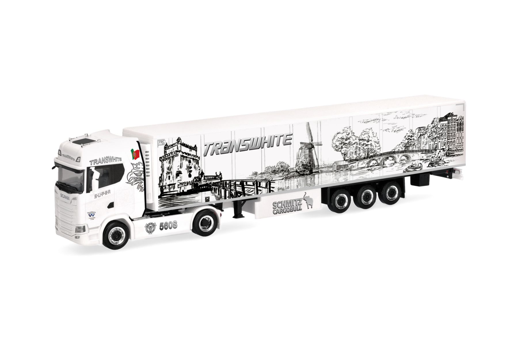 Herpa 322362 - Scania CS 20 Hochdach Kühlkoffer-Sattelzug "Transwhite"