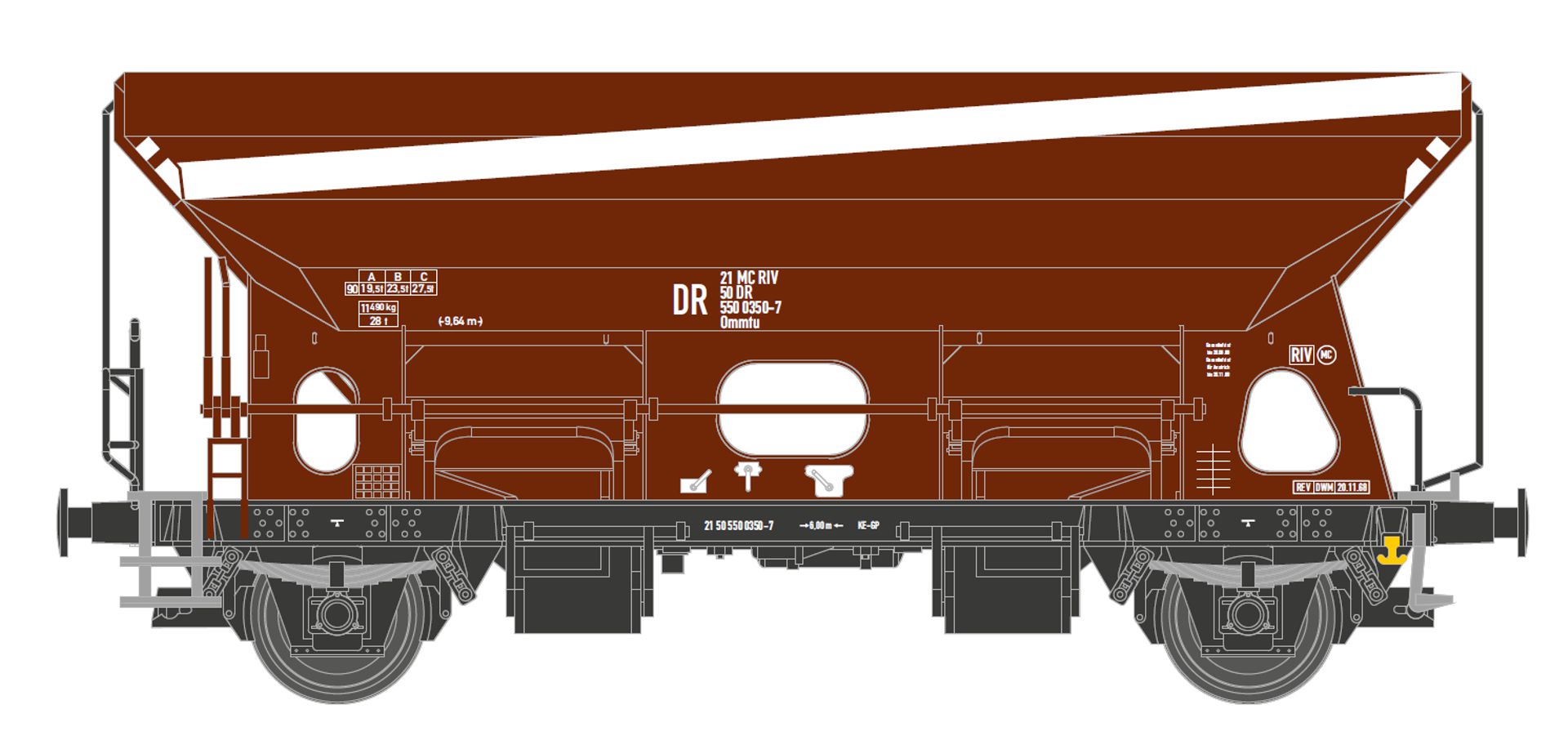 Tillig 502528 - Selbstentladewagen Ommtu als Versuchswagen mit weißen Streifen und Ladung, DR, Ep.IVa