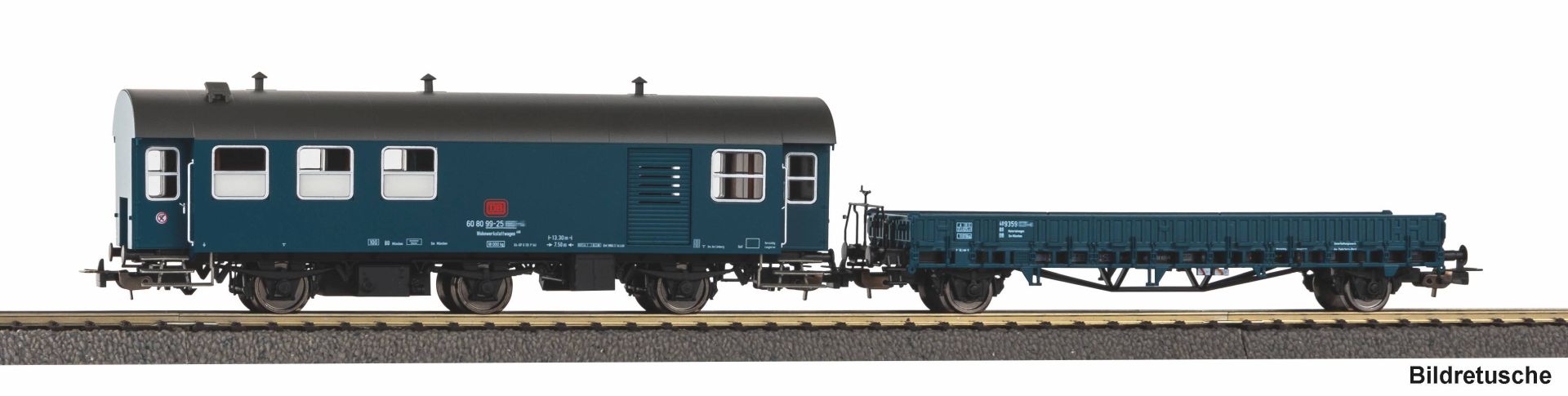 Piko 28334 - 2er Set Umbauwagen blau, roter Keks Werkstatt + Flachwagen Ks, DB, Ep.IV