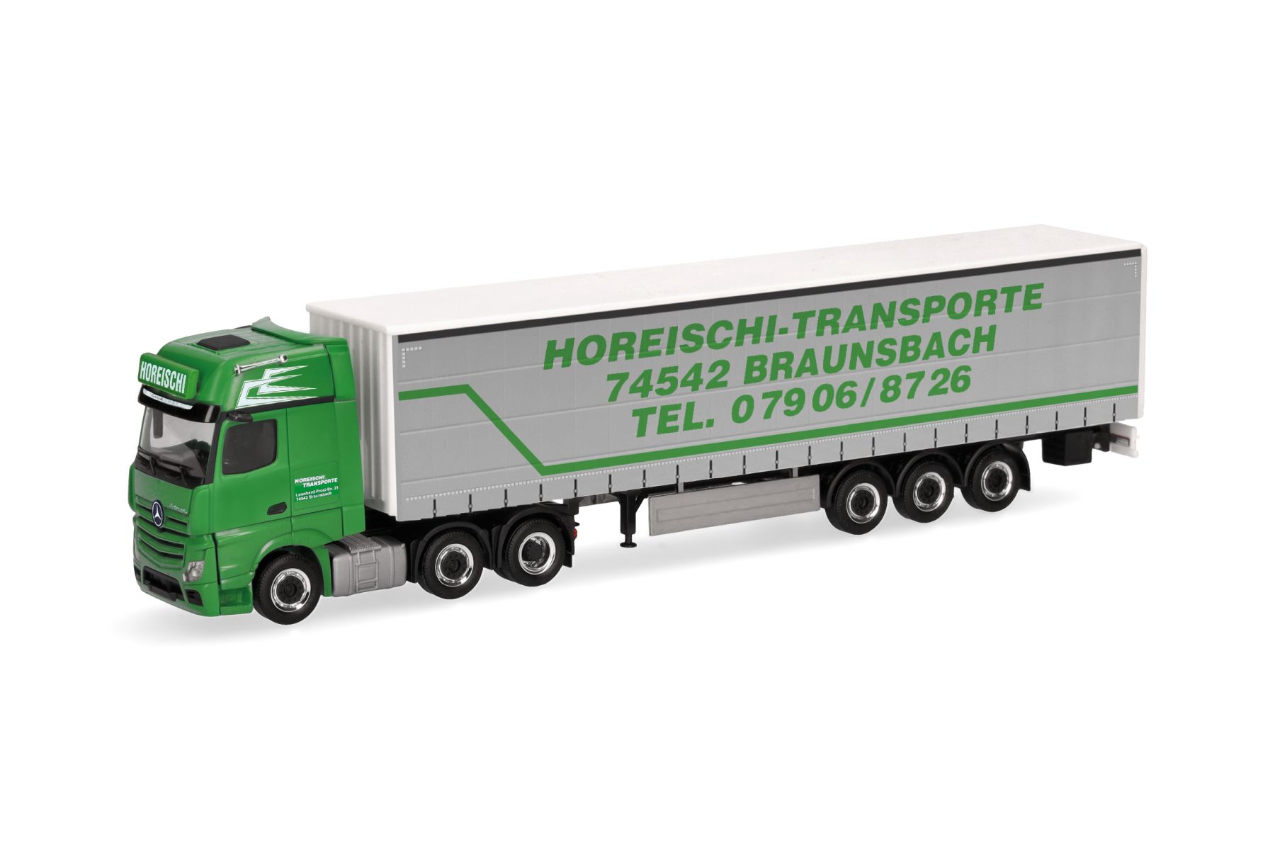 Herpa 320856 - Mercedes-Benz Actros L Gigaspace Gardinenplanen-Sattelzug "Horeischi Transporte"