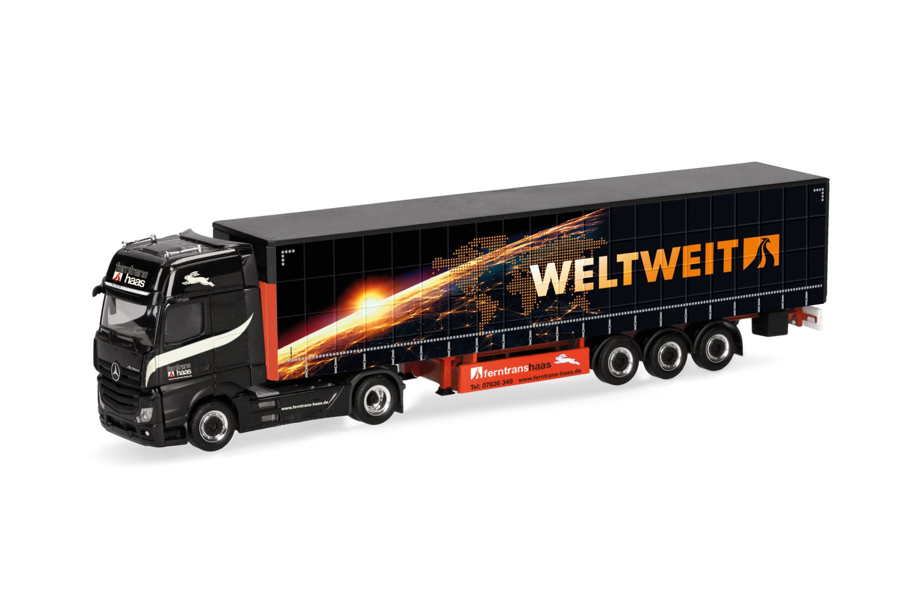 Herpa 320023 - MB Actros L 18 Gigaspace Gardinenplanen-Sattelzug "Ferntrans Haas/weltweit"