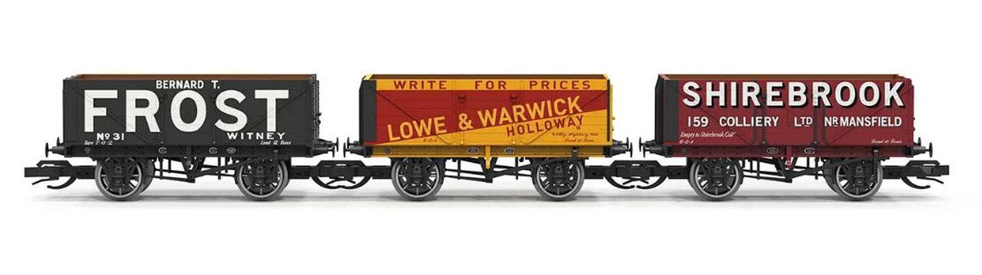 Hornby TT6042 - 3er Set offene Güterwagen 7 Plank, Lowe & Warwick Bernard T Frost Shirebrook, Ep.I
