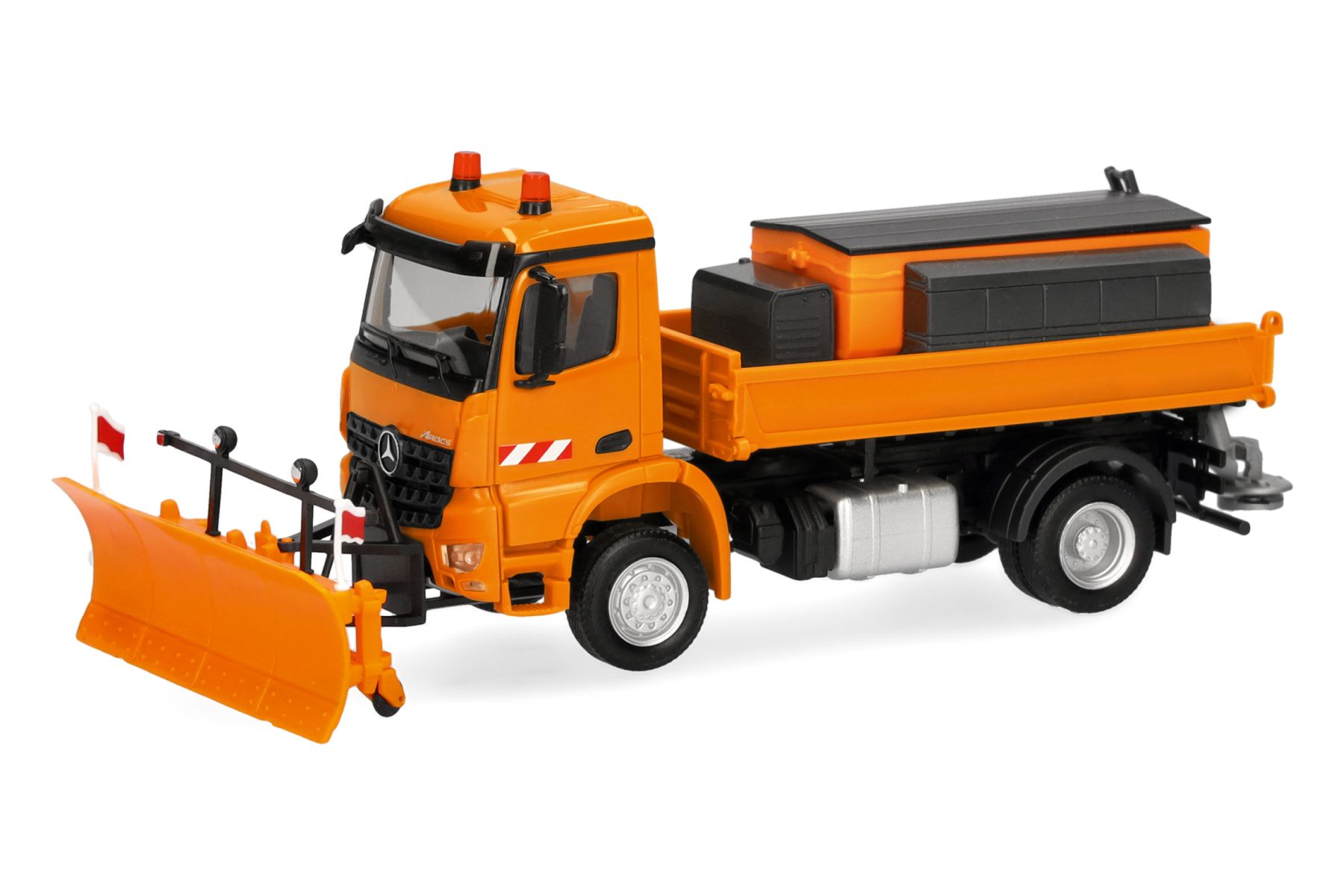 Herpa 321853 - Mercedes-Benz Arocs S 18 Dreiseitenkipper-LKW 2achs mit Streuaufbau, kommunalorange