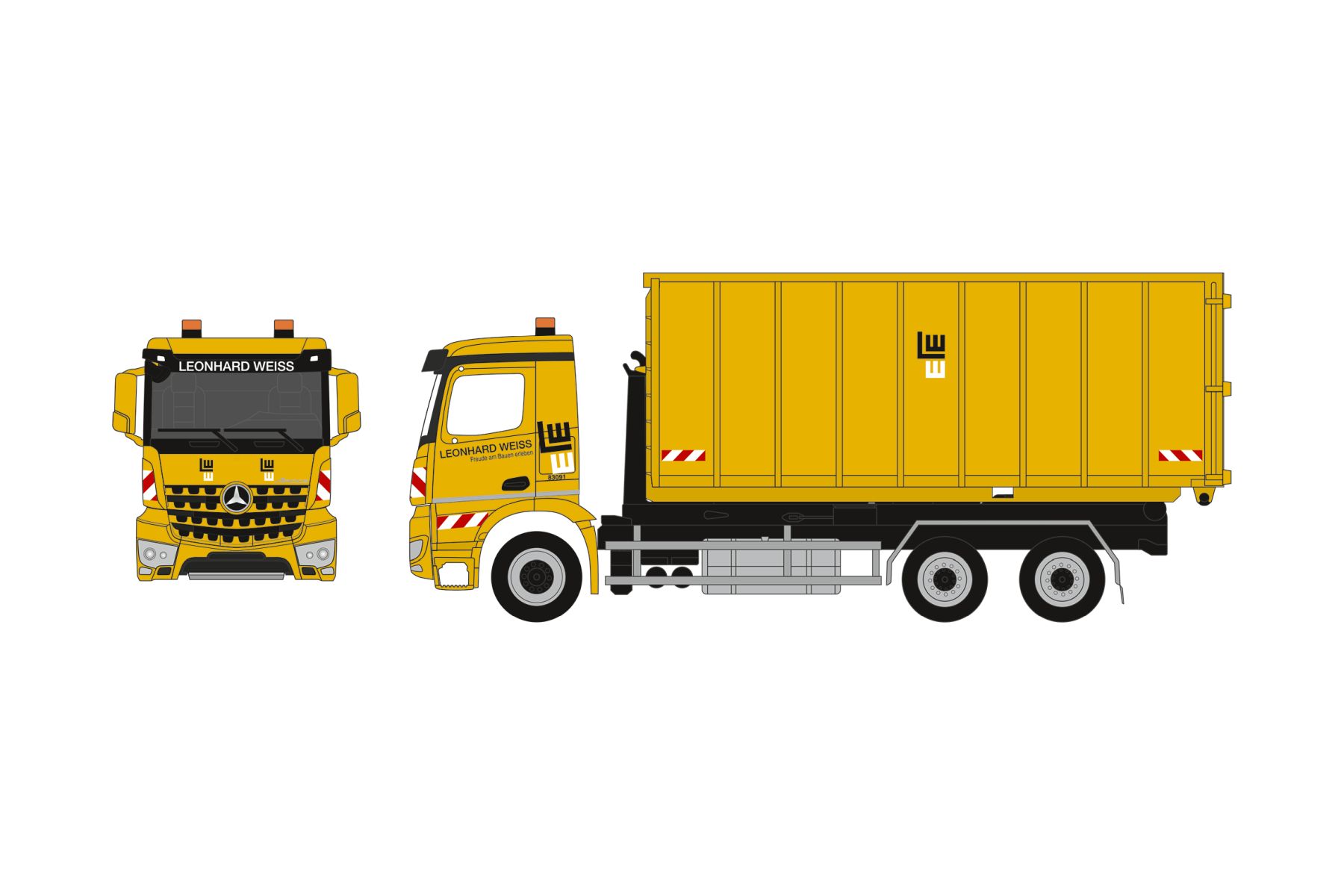 Herpa 962414 - Mercedes-Benz Arocs M Wechsellader-LKW 3achs mit Abrollmulde (hoch) "Leonhard Weiss"