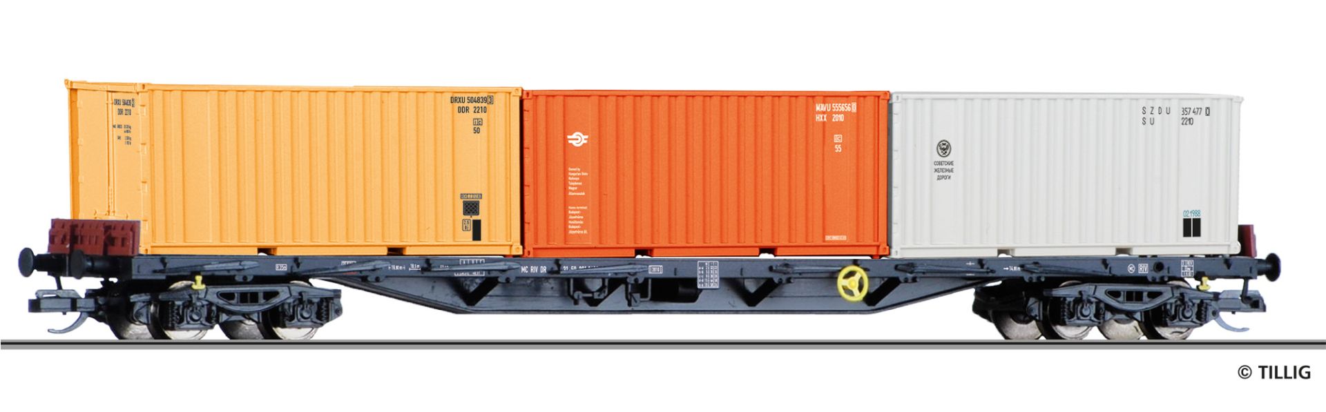 Tillig 18145 - Containertragwagen Rgs 3910 mit drei 20‘ Containern, DR, Ep.IV