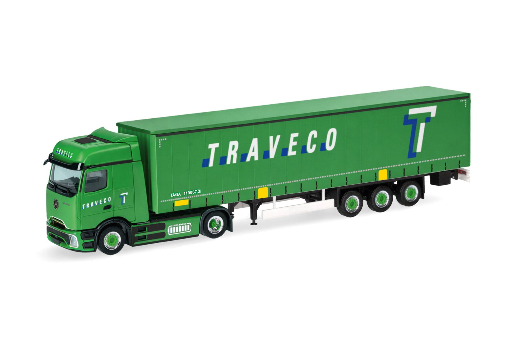 Herpa 321396 - Mercedes-Benz eActros Bigspace ProCabin Gardinenplanen-Sattelzug "Traveco", Schweiz