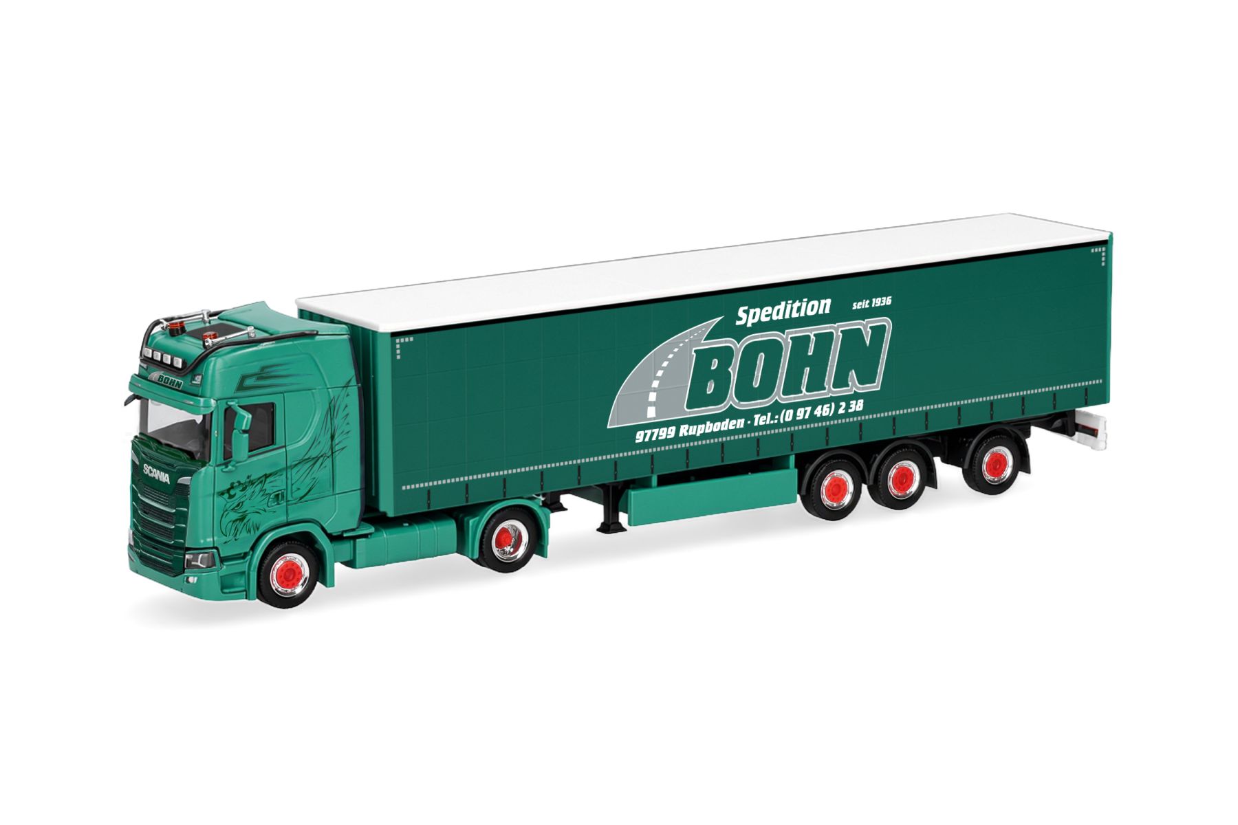Herpa 322461 - Scania CS 20 Hochdach Gardinenplanen-Sattelzug "Spedition Bohn"