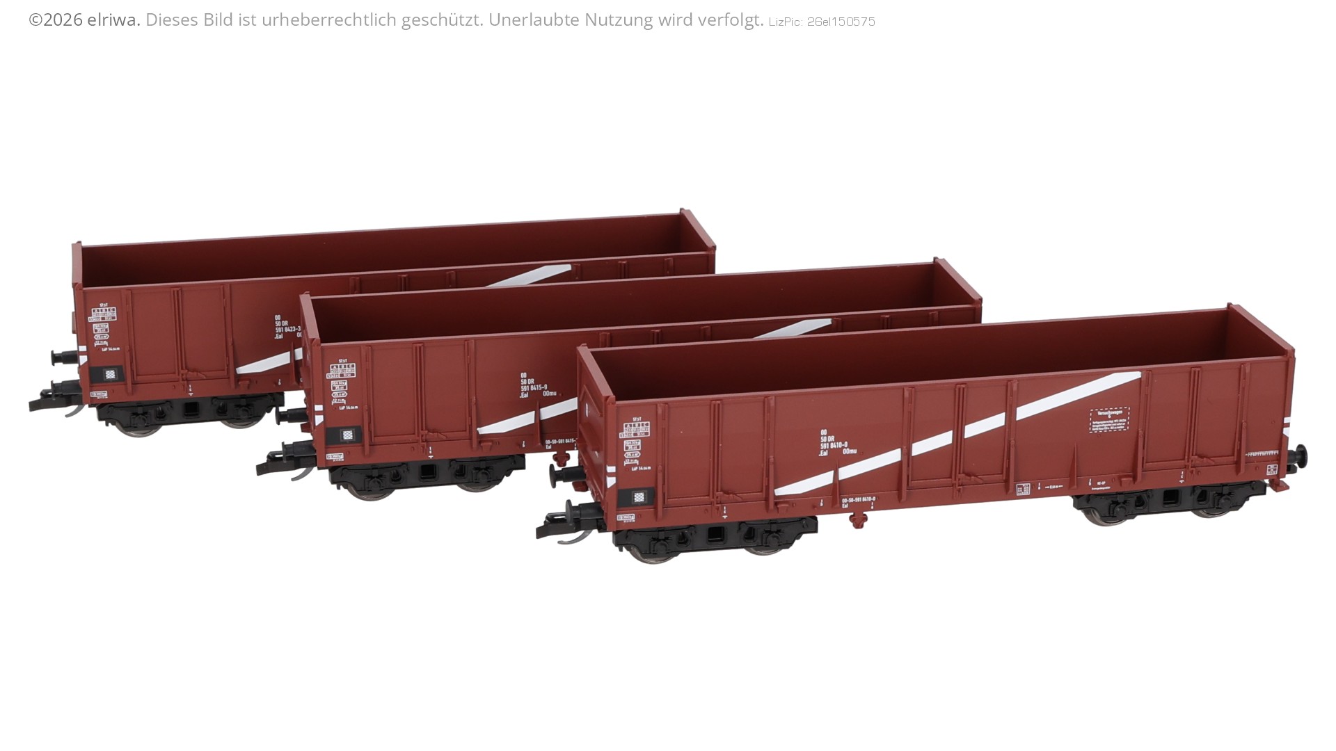 Tillig 502542 - 3er Set offene Güterwagen Eal (OOmu) als Versuchswagen mit weißen Streifen, DR, Ep.IV