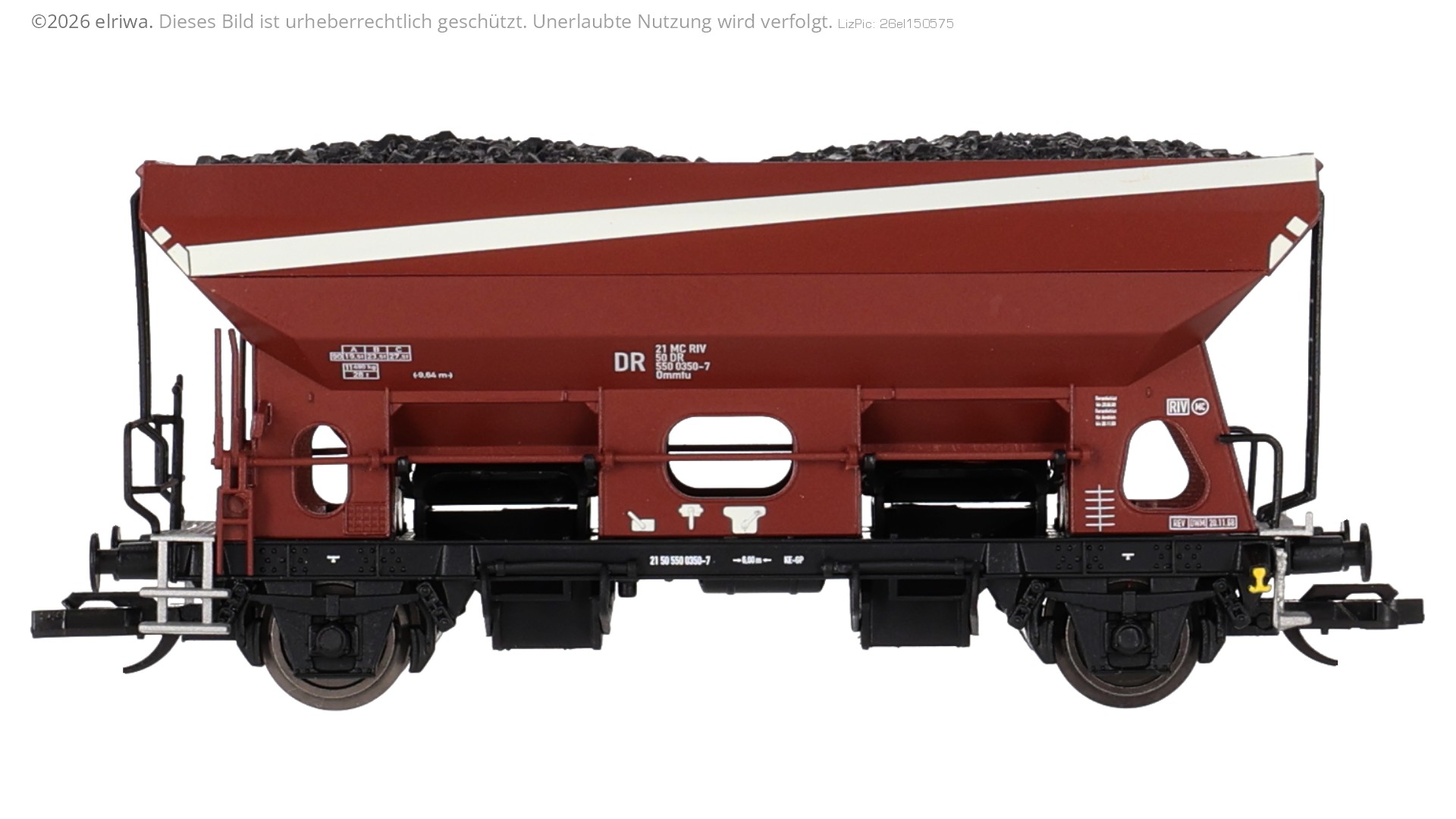 Tillig 502528 - Selbstentladewagen Ommtu als Versuchswagen mit weißen Streifen und Ladung, DR, Ep.IVa