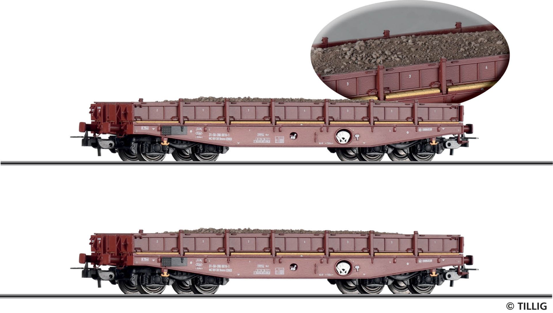 Tillig 70070 - 2er Set Schwerlastwagen Rmms 3960 beladen mit Gleisbau-Abraum, DR, Ep.IV