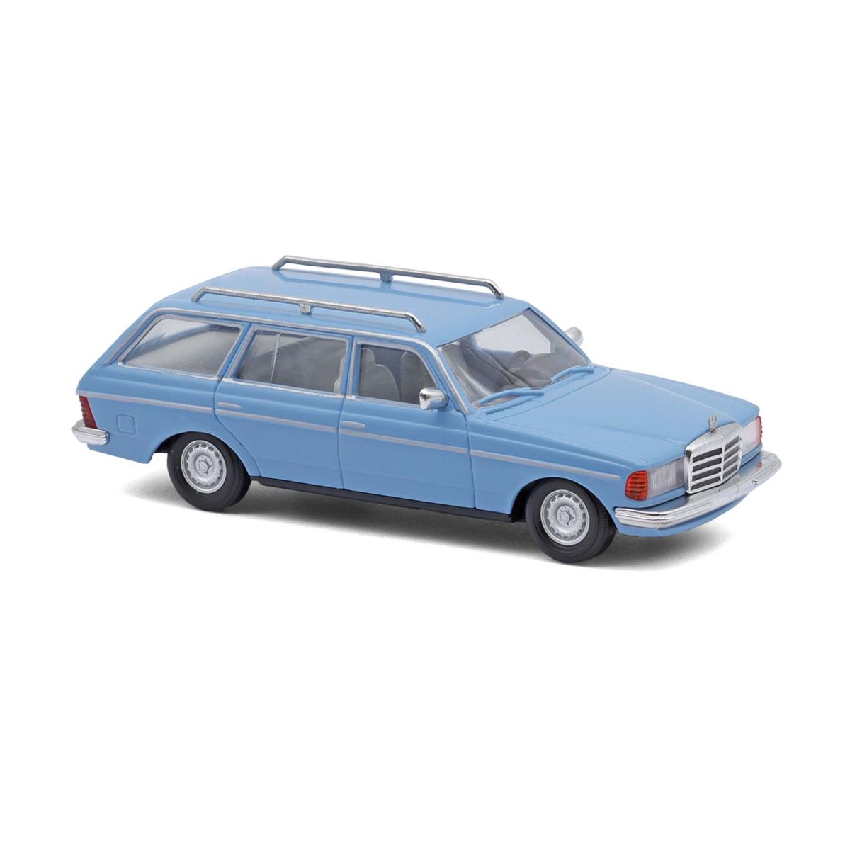Busch 46975 - Mercedes-Benz W123 T-Modell chinablau mit Eckscheinwerfer und Barockfelge, Bj. 1982